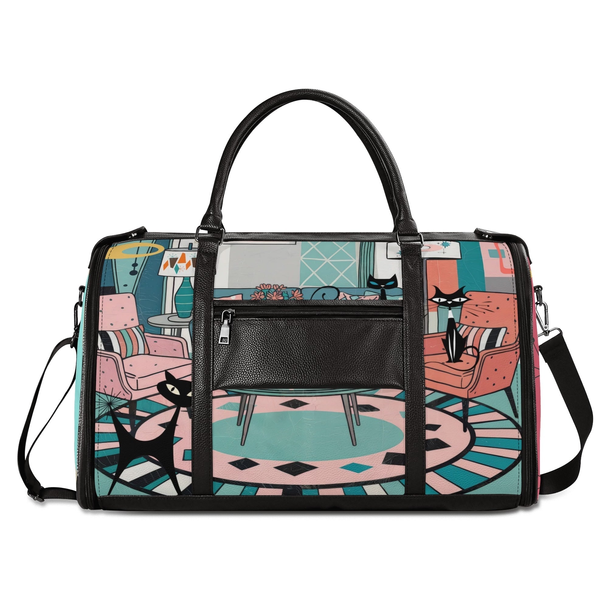 Kate McEnroe New York Atomic Cat Mid Century Duffel Bag, Retro 50s Leather Travel Bag, Foldable MCM Starburst WeekenderDuffel BagsYP638O3N - 2
