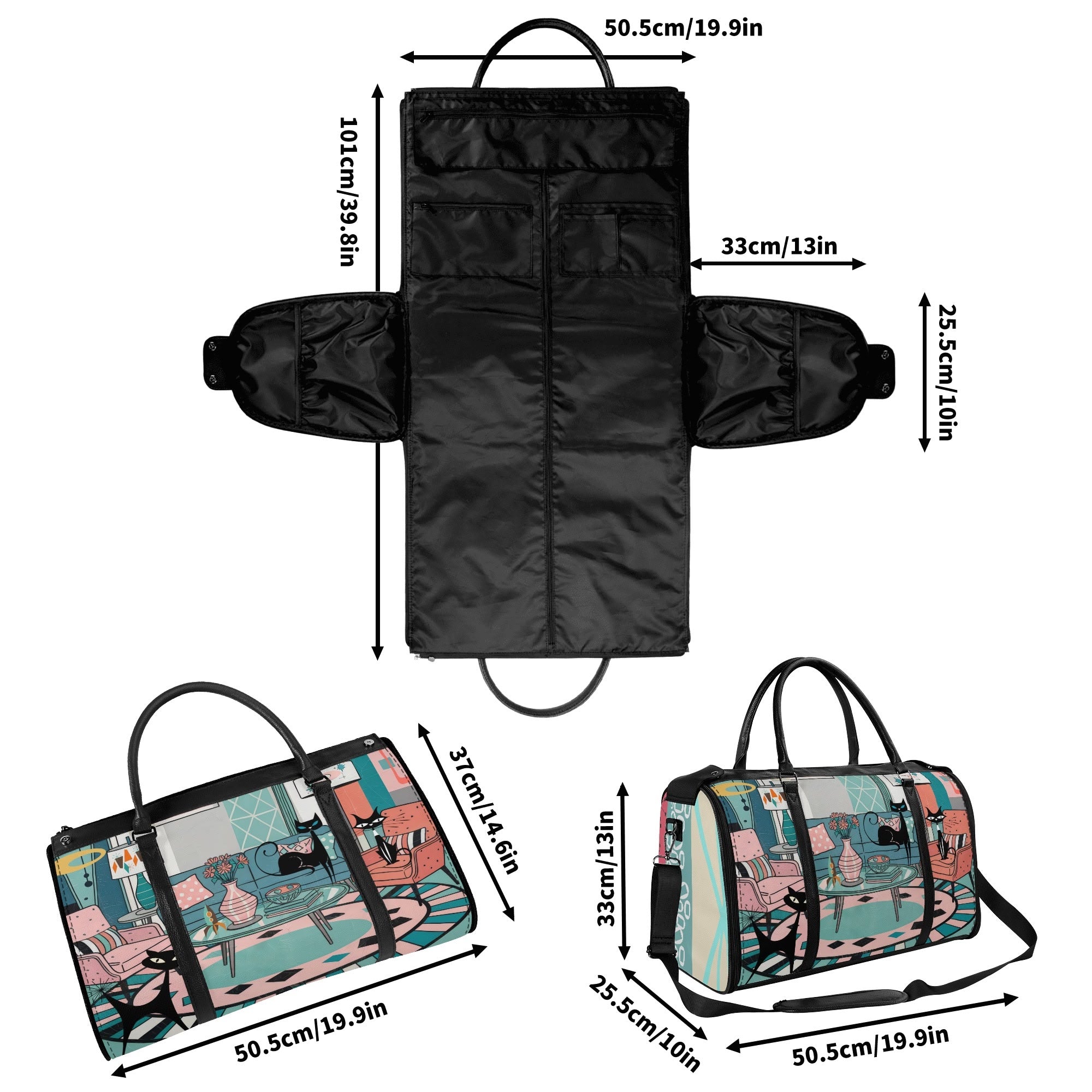 Kate McEnroe New York Atomic Cat Mid Century Duffel Bag, Retro 50s Leather Travel Bag, Foldable MCM Starburst WeekenderDuffel BagsYP638O3N - 2