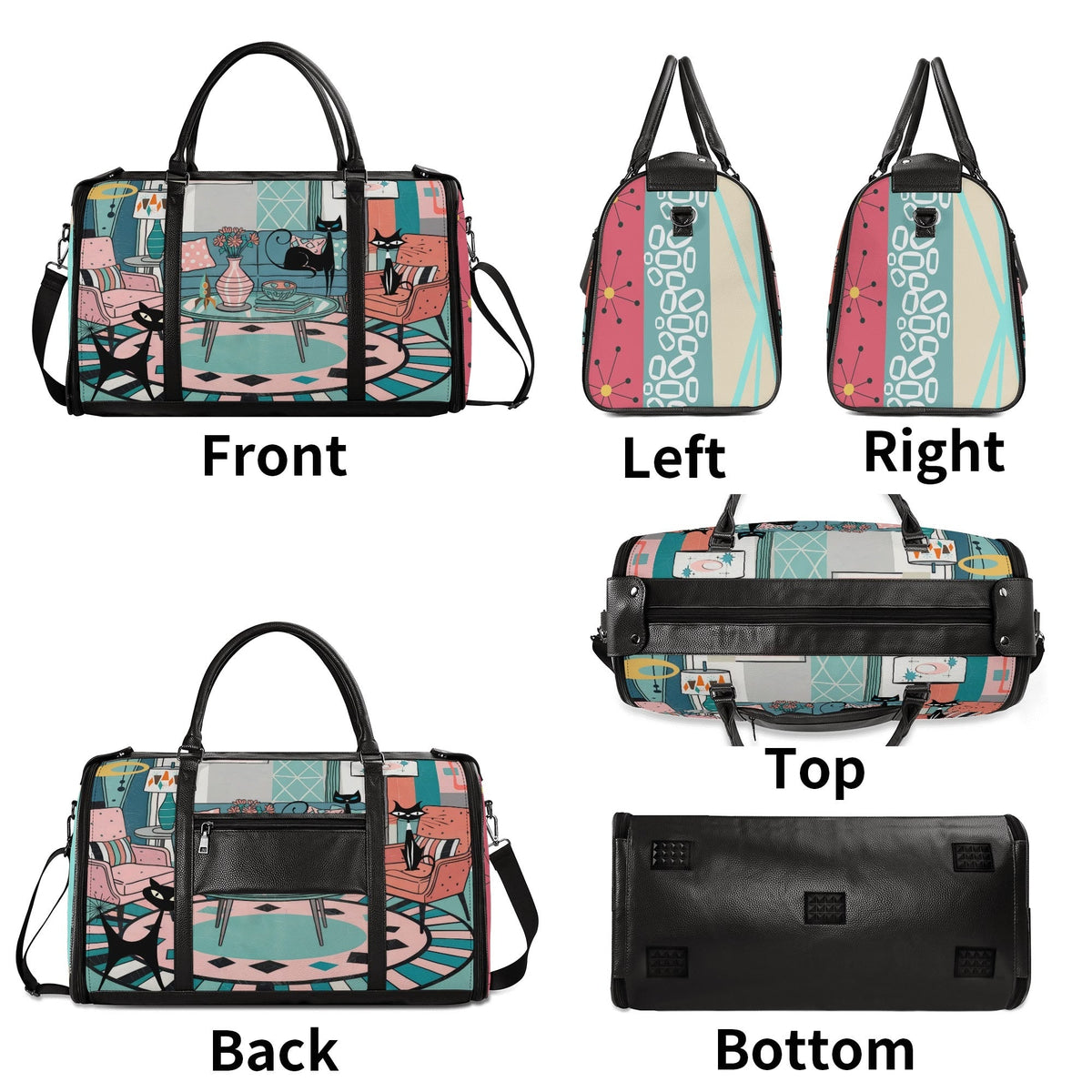 Kate McEnroe New York Atomic Cat Mid Century Duffel Bag, Retro 50s Leather Travel Bag, Foldable MCM Starburst WeekenderDuffel BagsYP638O3N - 2