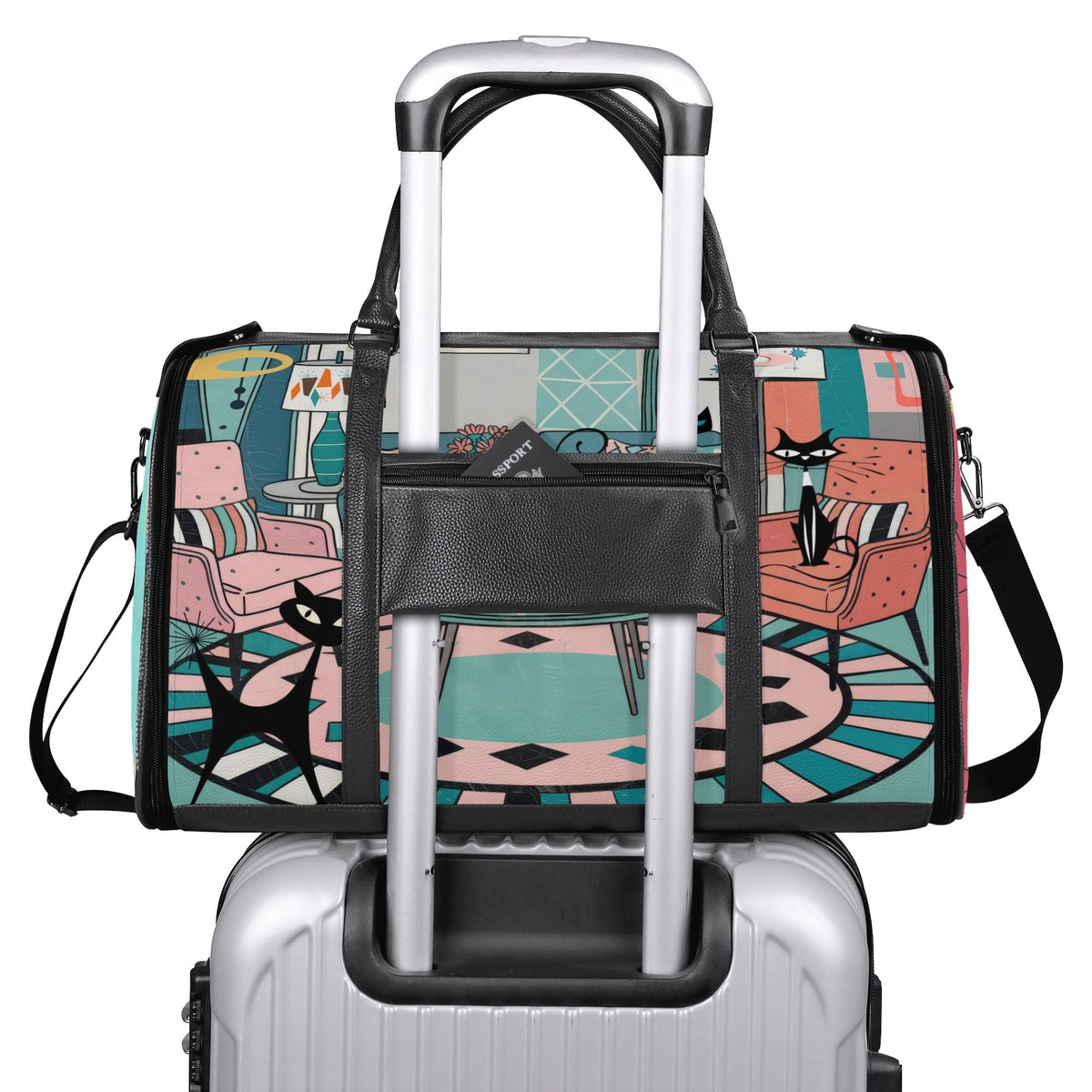 Kate McEnroe New York Atomic Cat Mid Century Duffel Bag, Retro 50s Leather Travel Bag, Foldable MCM Starburst WeekenderDuffel BagsYP638O3N - 2