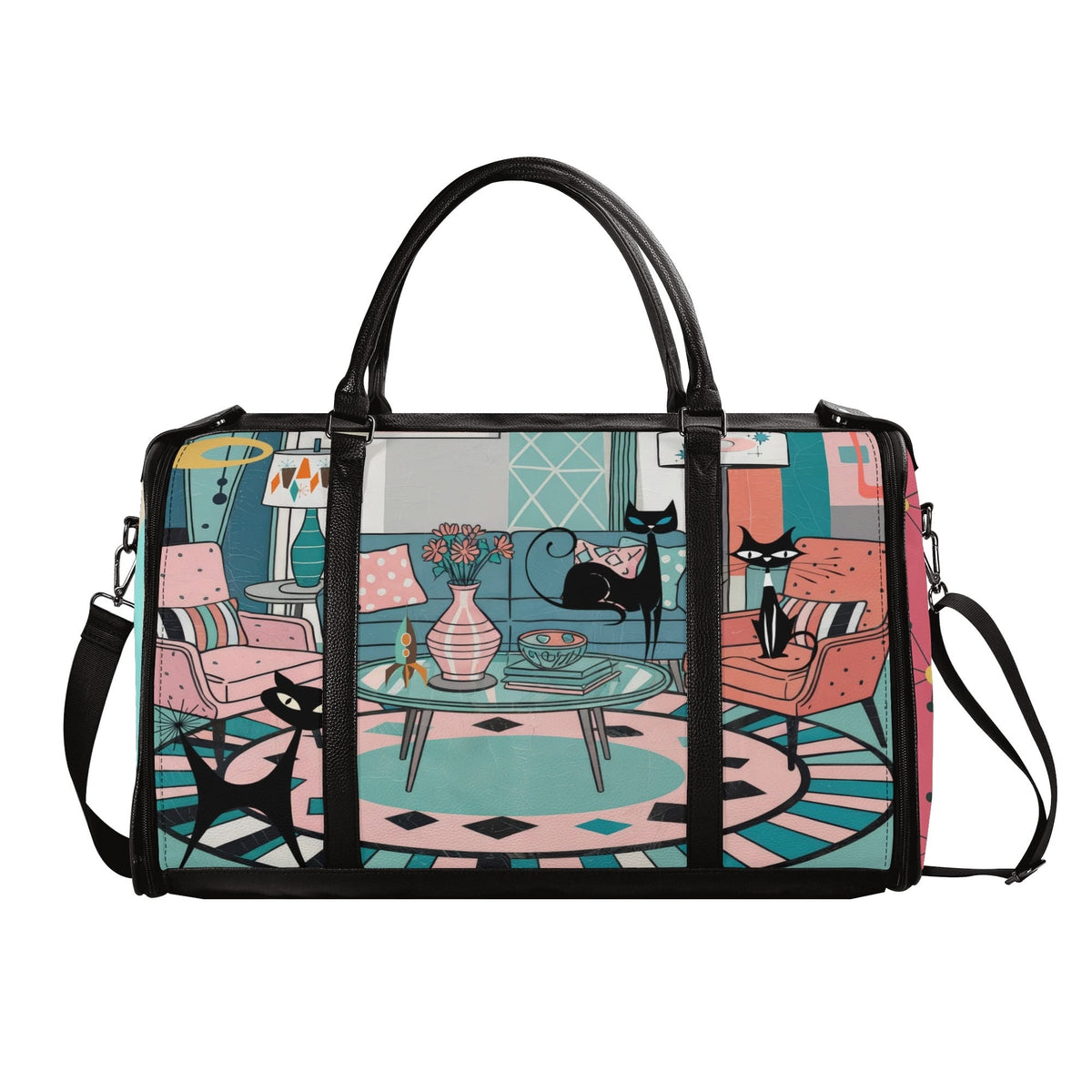 Kate McEnroe New York Atomic Cat Mid Century Duffel Bag, Retro 50s Leather Travel Bag, Foldable MCM Starburst WeekenderDuffel BagsYP638O3N - 2