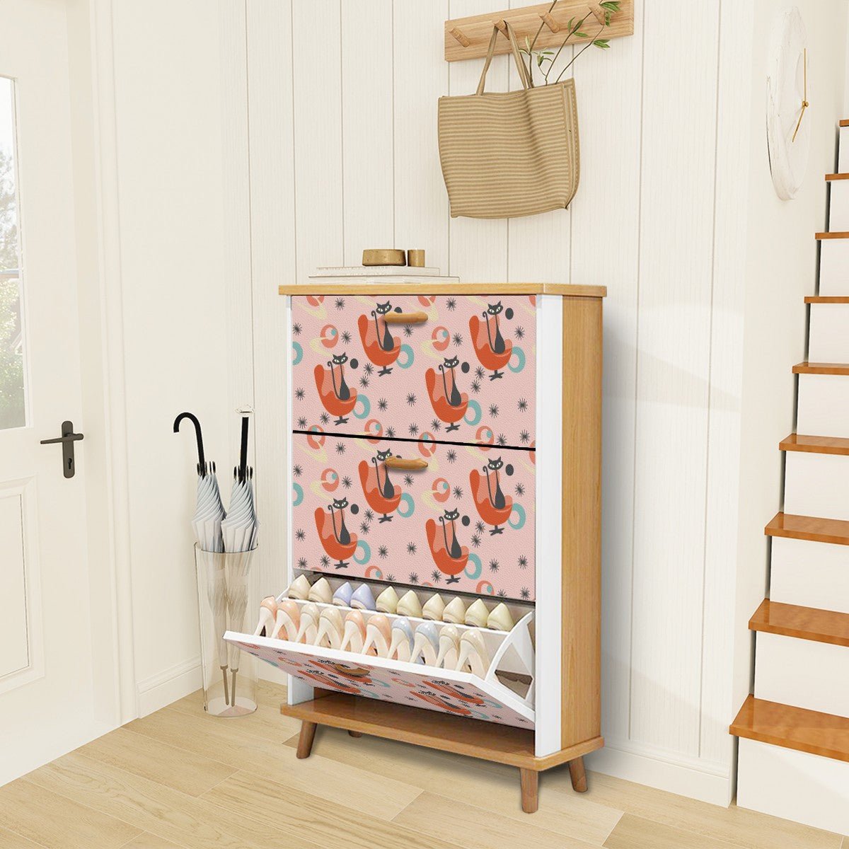 Kate McEnroe New York Atomic Cat Mid Century Egg Chair Shoe Cabinet, 50s Kitsch Starburst Furniture, Retro Entryway StorageShoe StorageFxLWDUeSlu
