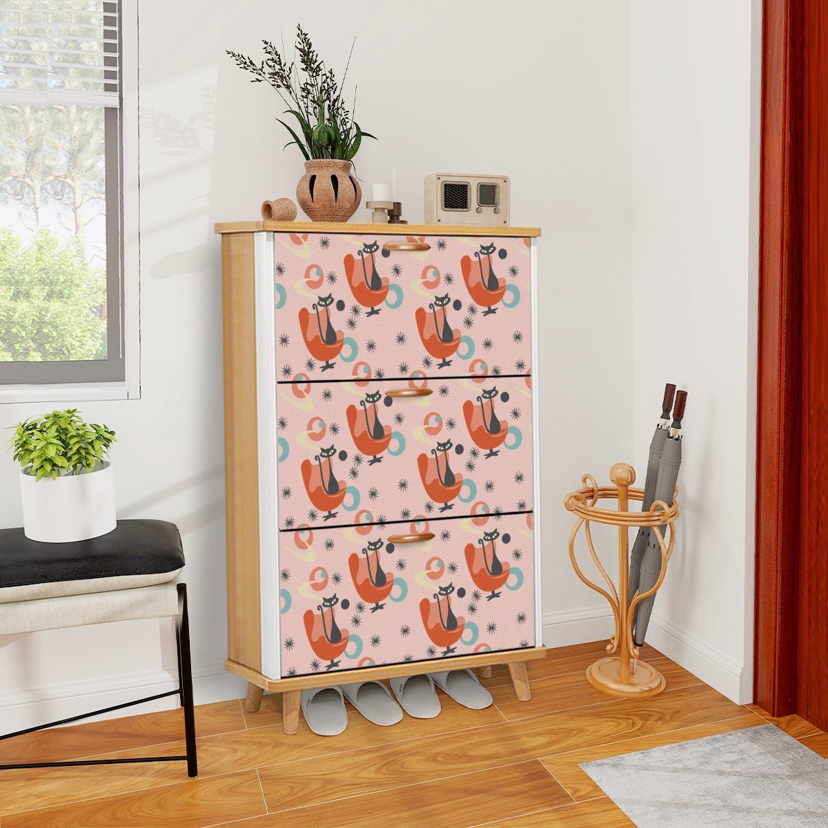 Kate McEnroe New York Atomic Cat Mid Century Egg Chair Shoe Cabinet, 50s Kitsch Starburst Furniture, Retro Entryway StorageShoe StorageFxLWDUeSlu