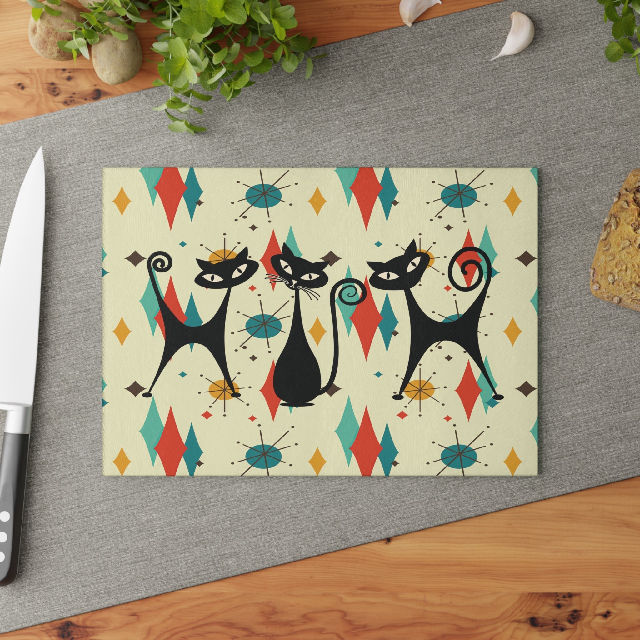 Kate McEnroe New York Atomic Cat Mid Century Glass Cutting Board, Retro Franciscan Starburst MCM Kitchen DecorCutting Boards32165804147902523701