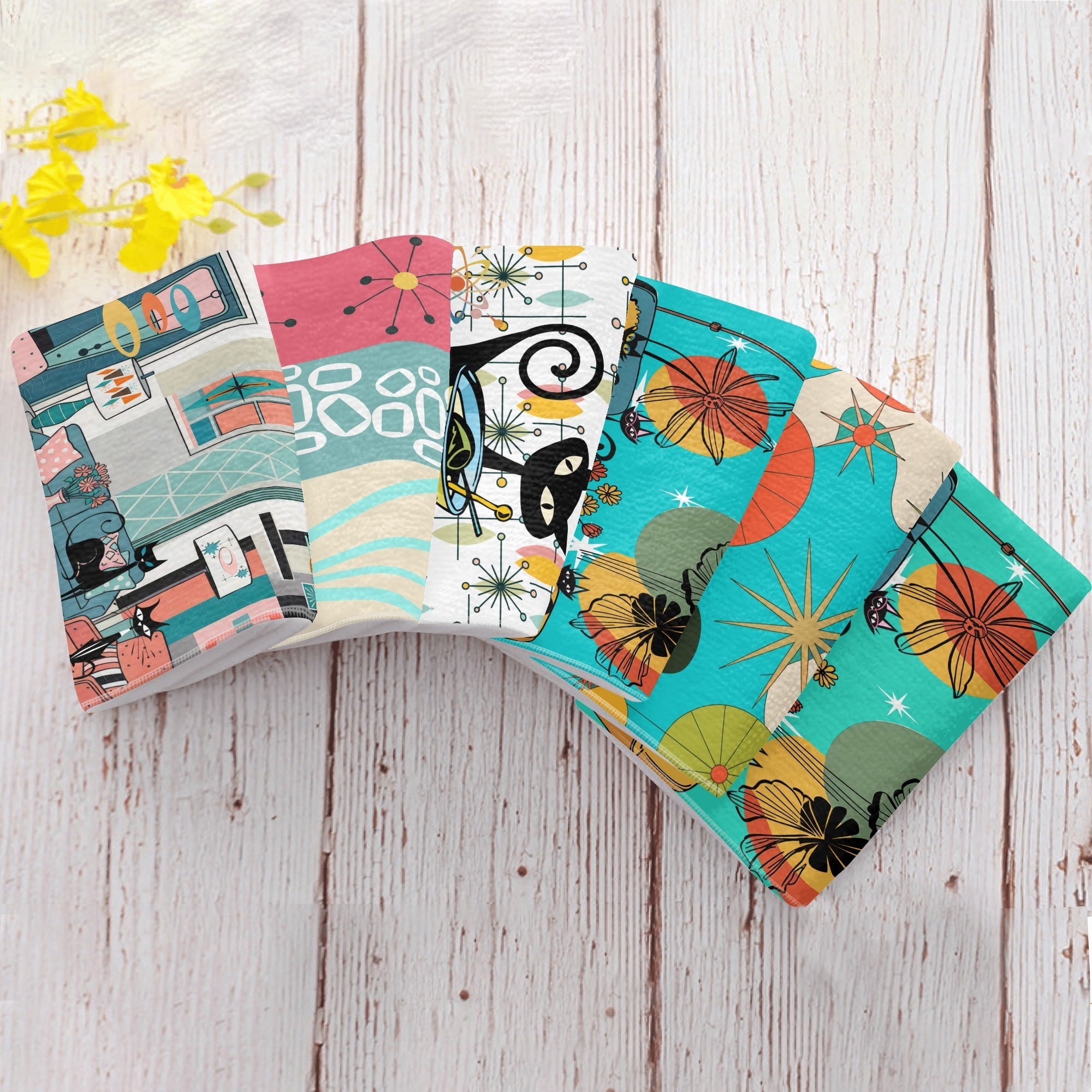 Kate McEnroe New York Atomic Cat Mid Century Hand Towel Set, Retro 50s MCM Starburst Bath Towels, Colorful Mod Bathroom Decor 6 PackHand TowelsWX138P6W - 1