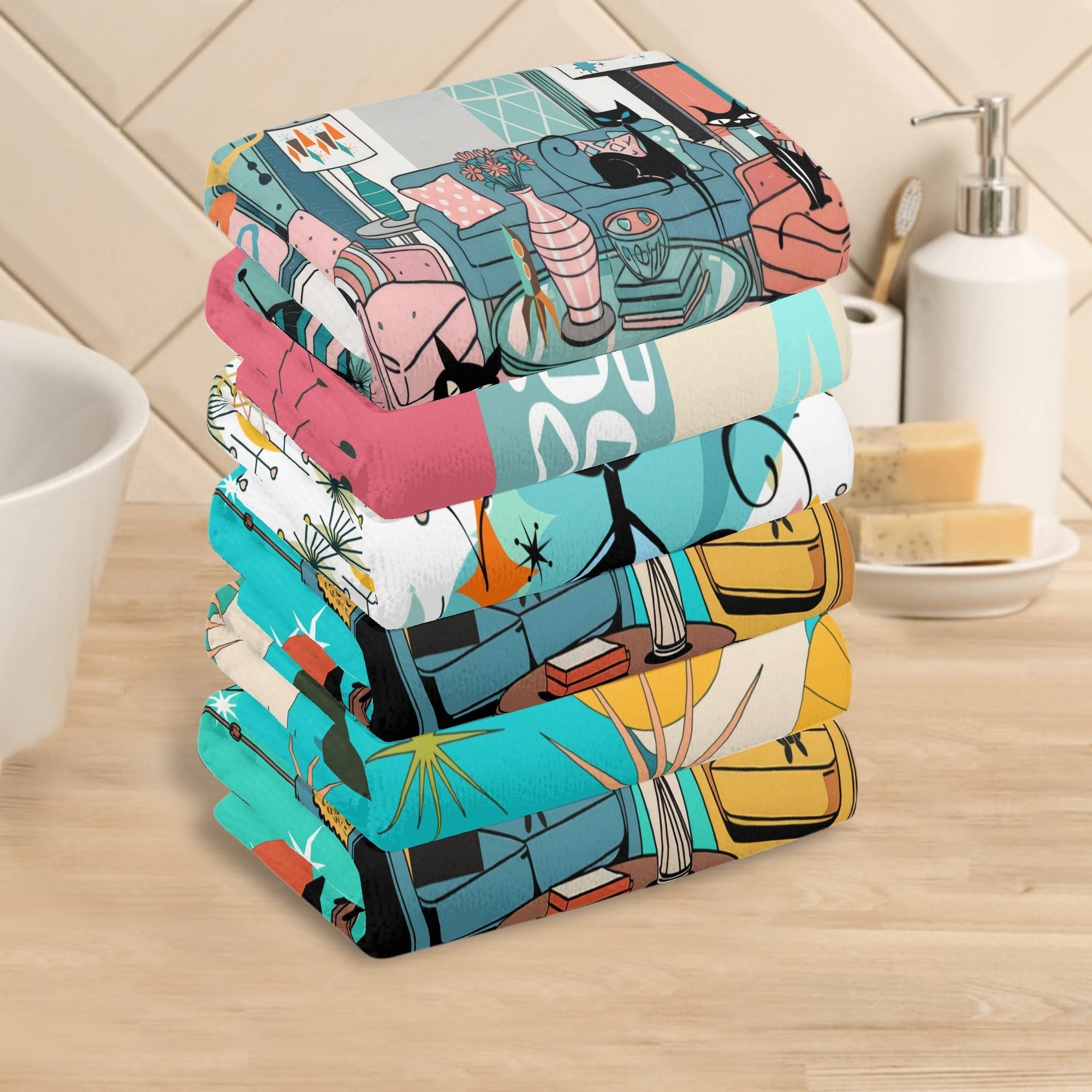 Kate McEnroe New York Atomic Cat Mid Century Hand Towel Set, Retro 50s MCM Starburst Bath Towels, Colorful Mod Bathroom Decor 6 PackHand TowelsWX138P6W - 1
