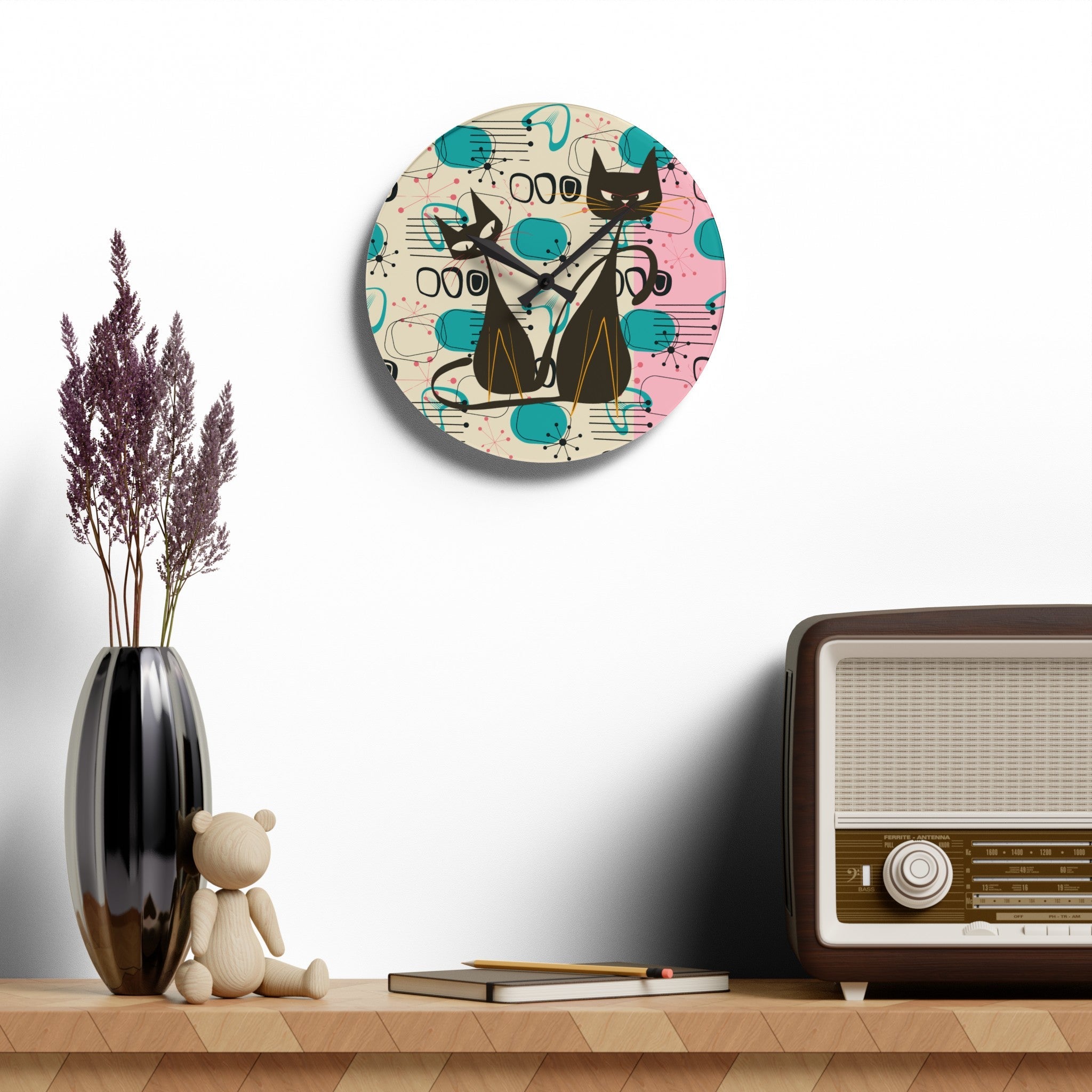 Kate McEnroe New York Atomic Cat Mid Century Modern Acrylic Wall Clock, Kitschy Retro MCM Wall DecorWall Clocks11522747725004984774