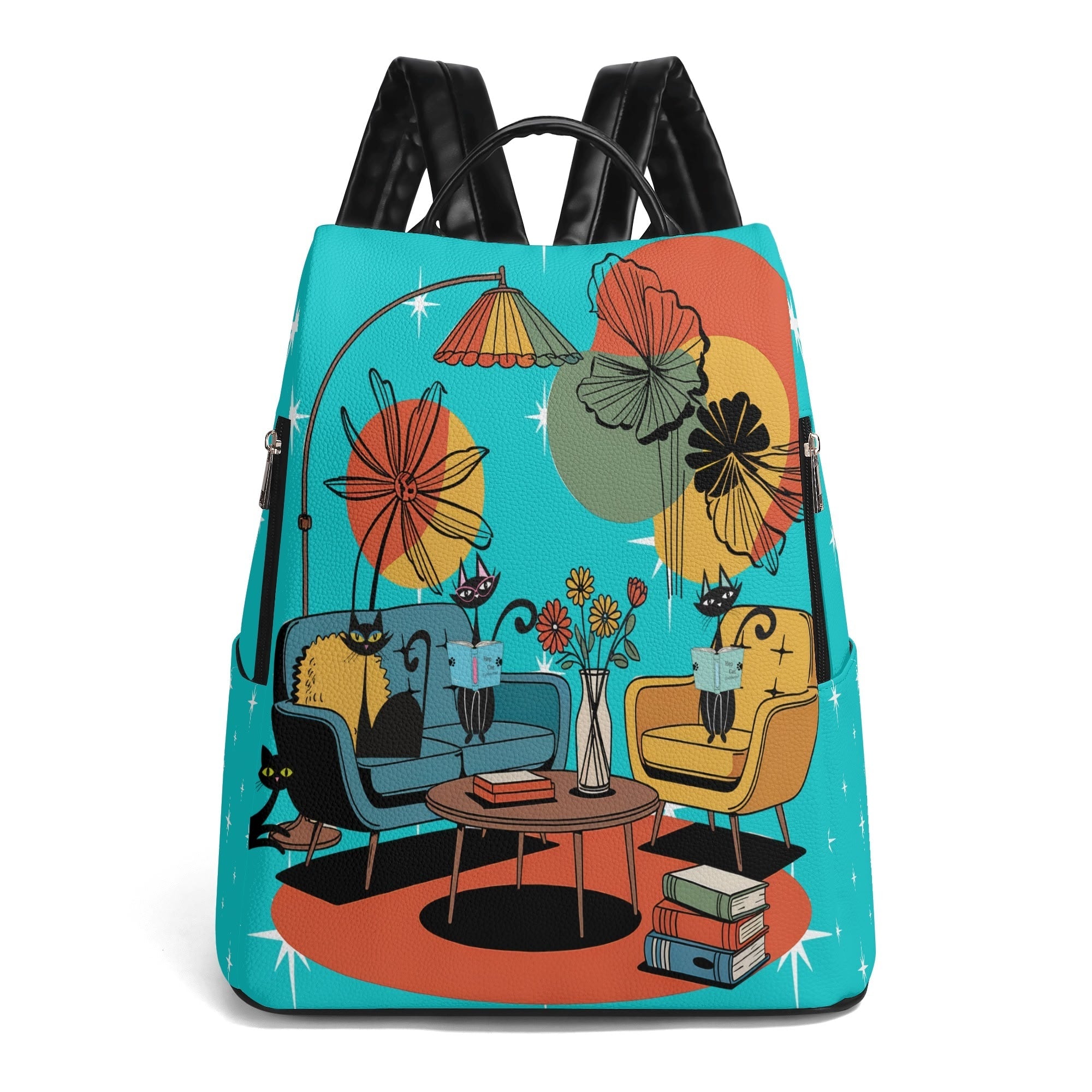 Kate McEnroe New York Atomic Cat Mid Century Modern Backpack, Retro 50s Kitsch Aqua Teal Lounge Scene Book BagBackpacksY57X93PW - 1