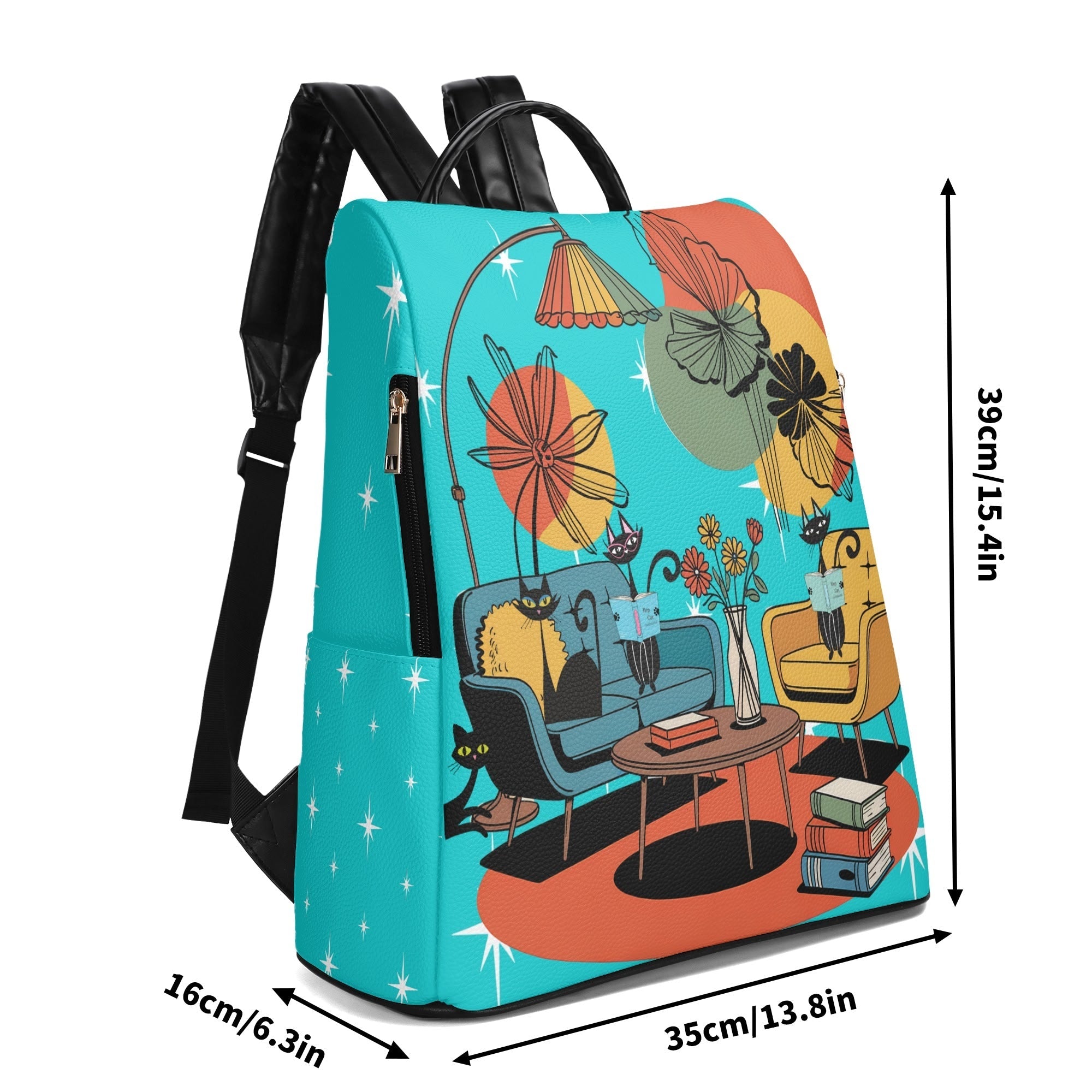 Kate McEnroe New York Atomic Cat Mid Century Modern Backpack, Retro 50s Kitsch Aqua Teal Lounge Scene Book BagBackpacksY57X93PW - 1