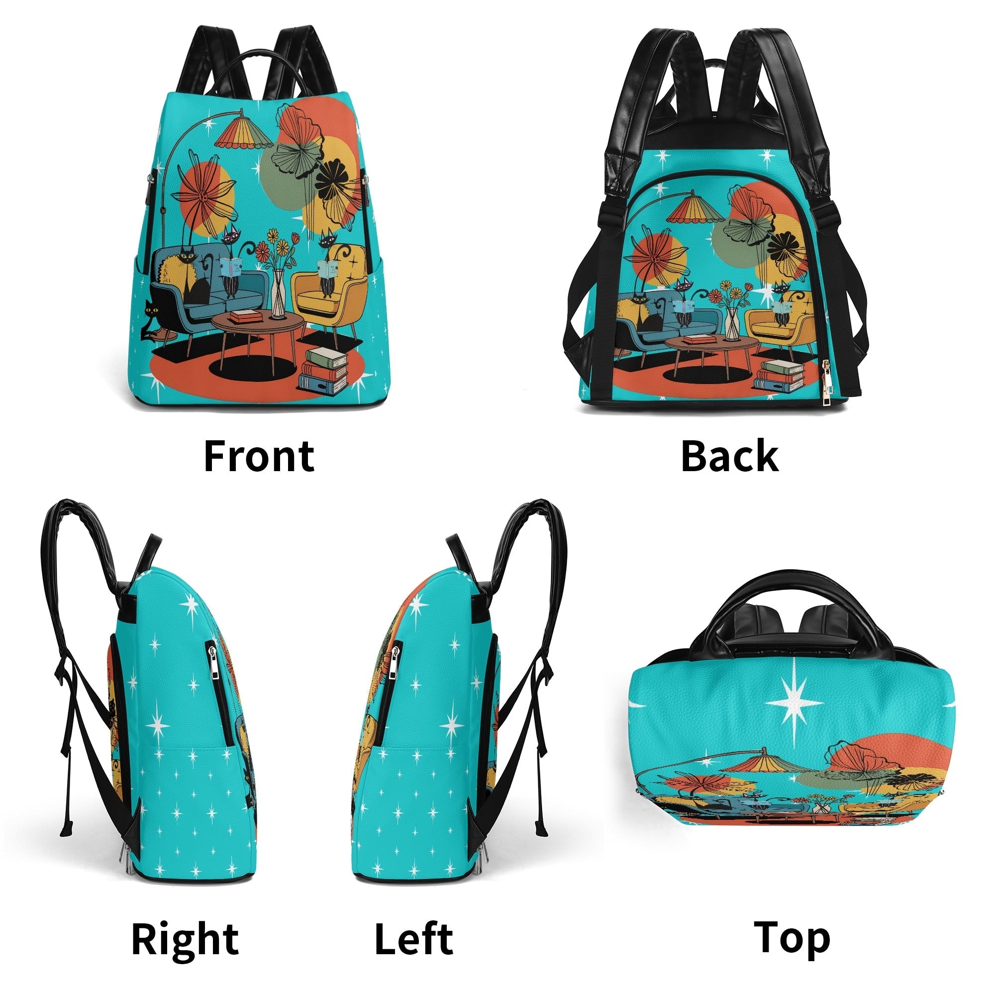 Kate McEnroe New York Atomic Cat Mid Century Modern Backpack, Retro 50s Kitsch Aqua Teal Lounge Scene Book BagBackpacksY57X93PW - 1