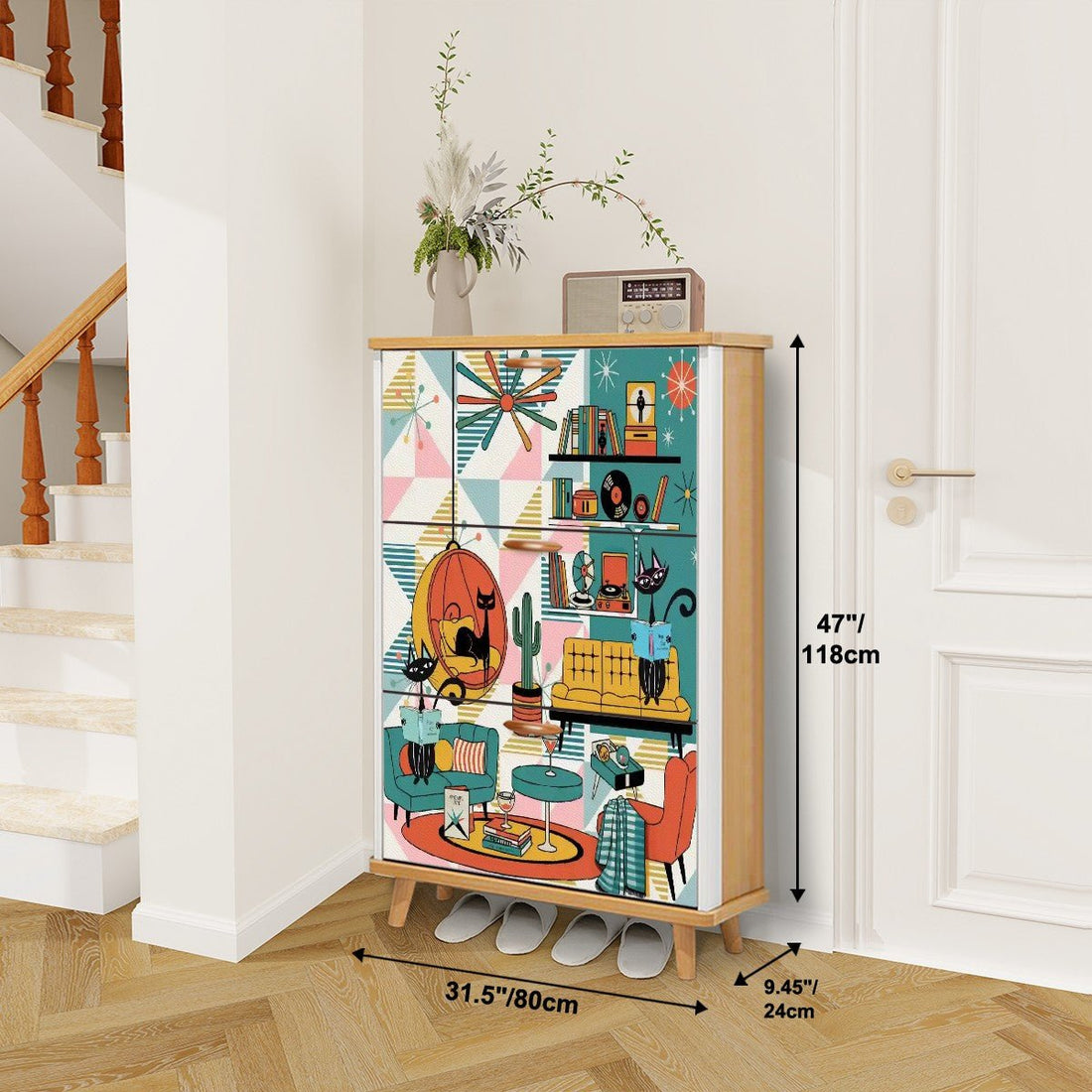 Kate McEnroe New York Atomic Cat Mid Century Modern Book Nook Shoe Cabinet, Retro Kitsch Lounge Storage AccentShoe StorageS4fpLFNl6d