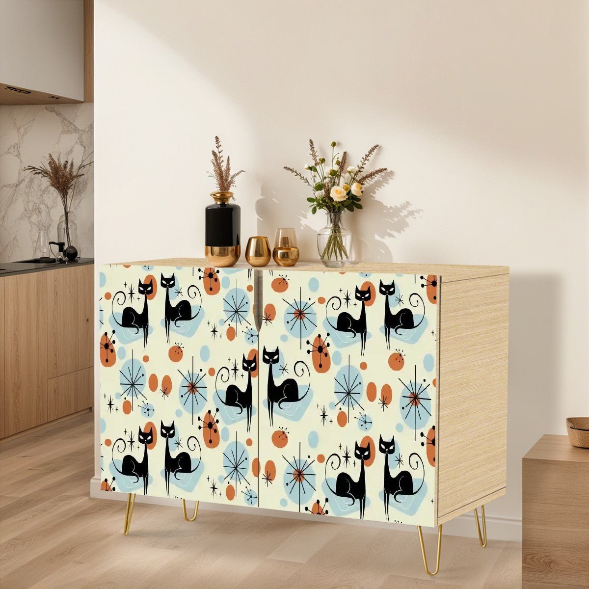 Kate McEnroe New York Atomic Cat Mid Century Modern Cabinet, Retro Starburst Accent Storage, MCM Space Age CredenzaStorage CabinetsqKKYcTlNZ8