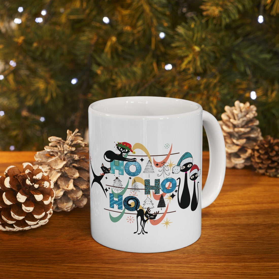 Kate McEnroe New York Atomic Cat Mid Century Modern Christmas Mug - Ho Ho Ho Retro Boomerang Starburst Holiday Drinkware - 11oz Kitschy Cat Lover Gift 28645395841285542507