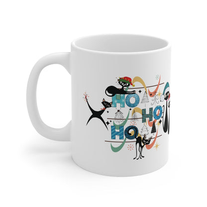 Kate McEnroe New York Atomic Cat Mid Century Modern Christmas Mug - Ho Ho Ho Retro Boomerang Starburst Holiday Drinkware - 11oz Kitschy Cat Lover GiftMugs28645395841285542507