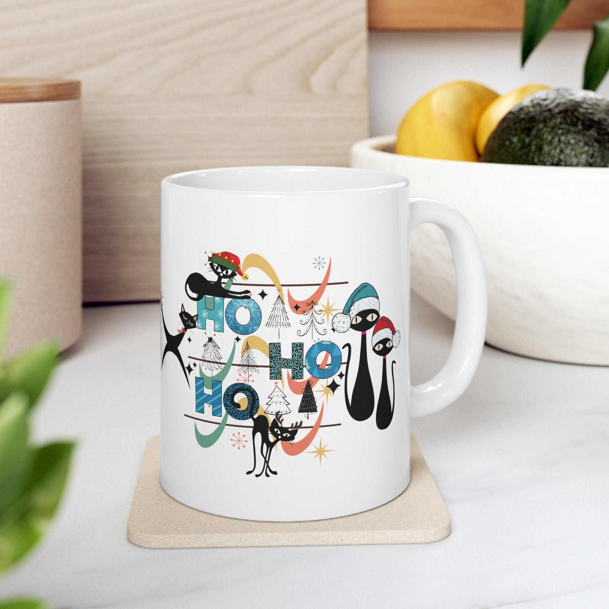 Kate McEnroe New York Atomic Cat Mid Century Modern Christmas Mug - Ho Ho Ho Retro Boomerang Starburst Holiday Drinkware - 11oz Kitschy Cat Lover GiftMugs28645395841285542507