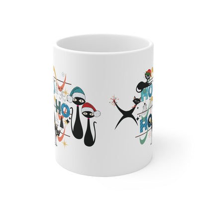 Kate McEnroe New York Atomic Cat Mid Century Modern Christmas Mug - Ho Ho Ho Retro Boomerang Starburst Holiday Drinkware - 11oz Kitschy Cat Lover GiftMugs28645395841285542507