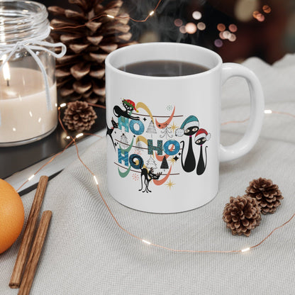 Kate McEnroe New York Atomic Cat Mid Century Modern Christmas Mug - Ho Ho Ho Retro Boomerang Starburst Holiday Drinkware - 11oz Kitschy Cat Lover GiftMugs28645395841285542507