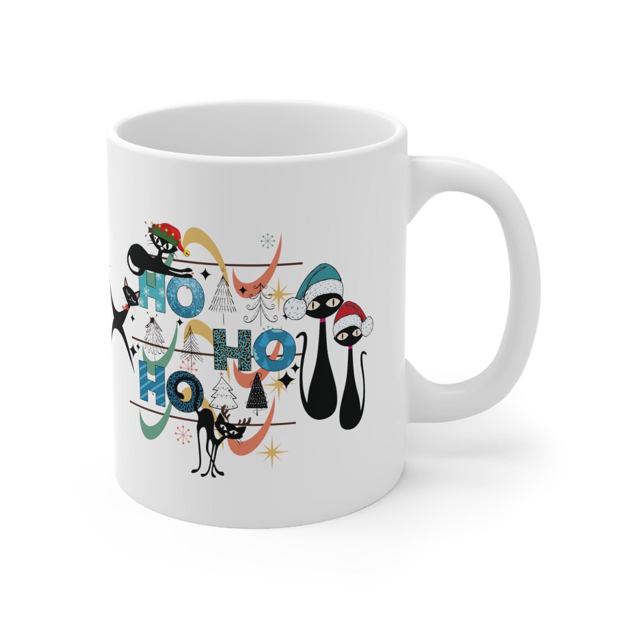 Kate McEnroe New York Atomic Cat Mid Century Modern Christmas Mug - Ho Ho Ho Retro Boomerang Starburst Holiday Drinkware - 11oz Kitschy Cat Lover GiftMugs28645395841285542507