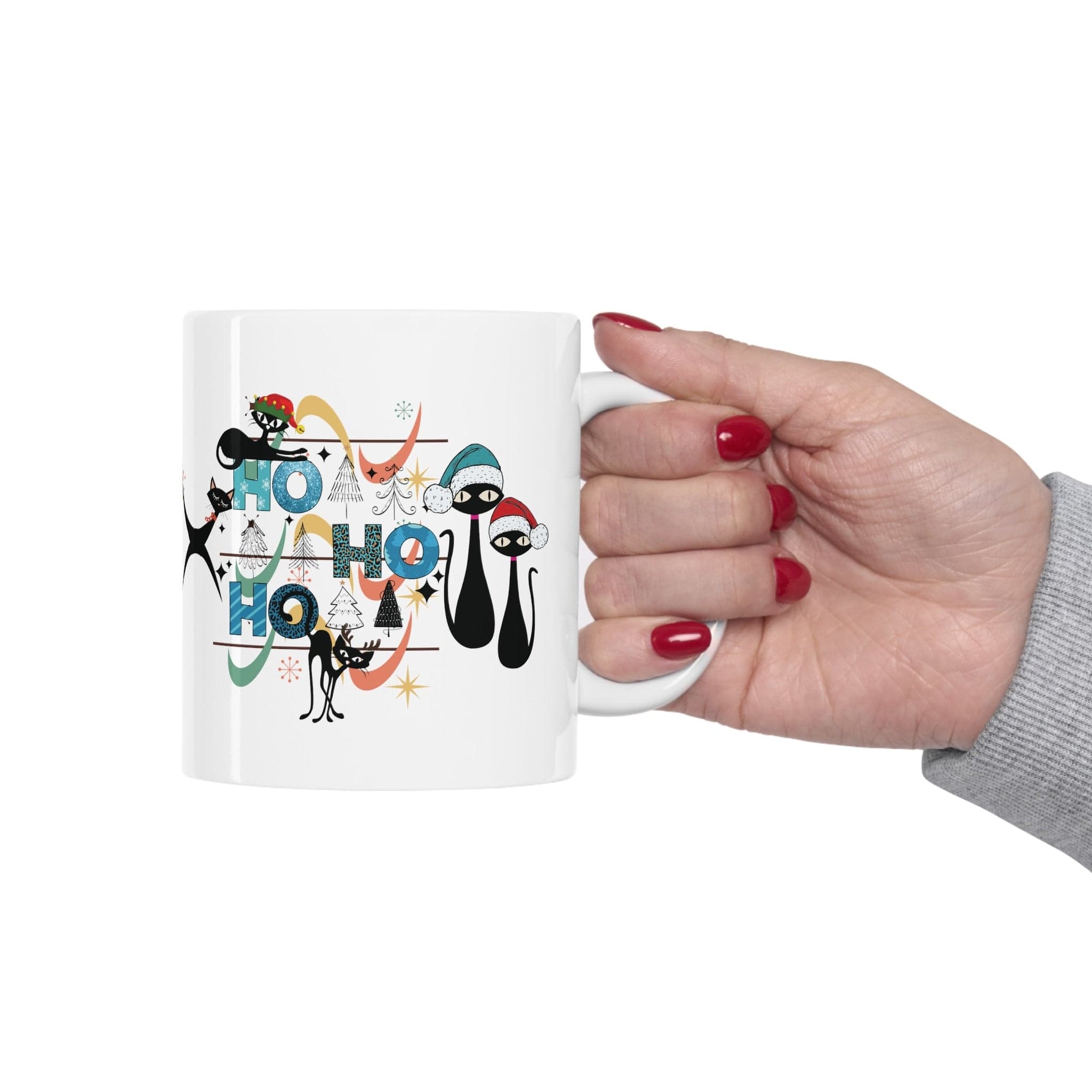 Kate McEnroe New York Atomic Cat Mid Century Modern Christmas Mug - Ho Ho Ho Retro Boomerang Starburst Holiday Drinkware - 11oz Kitschy Cat Lover GiftMugs28645395841285542507