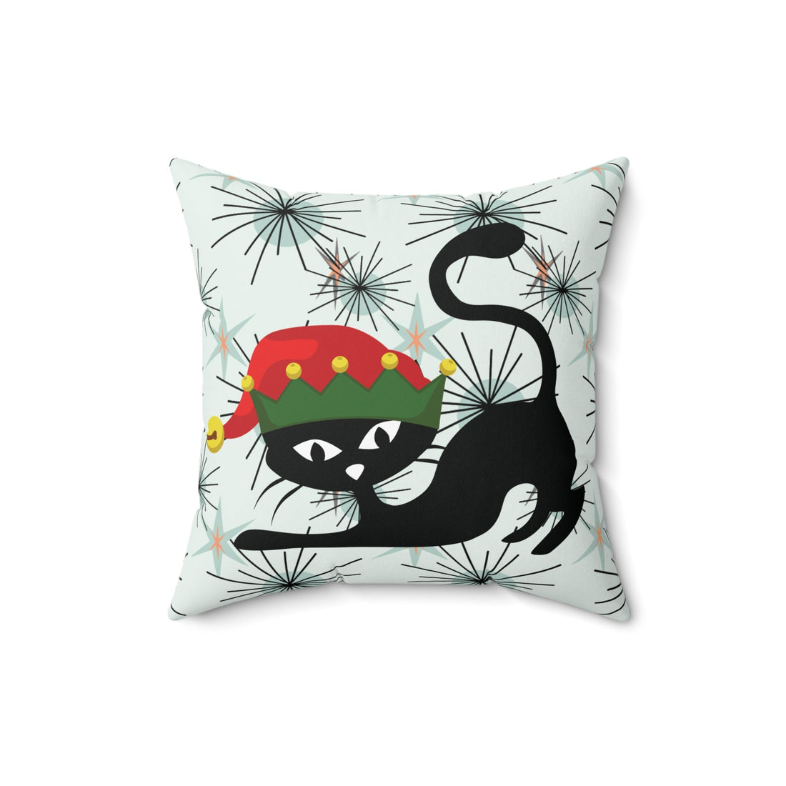 Kate McEnroe New York Atomic Cat Mid Century Modern Christmas Pillow, Retro Starburst Holiday Decor, 50s Kitsch Black Cat Elf Throw CushionThrow Pillows16187938834695454383