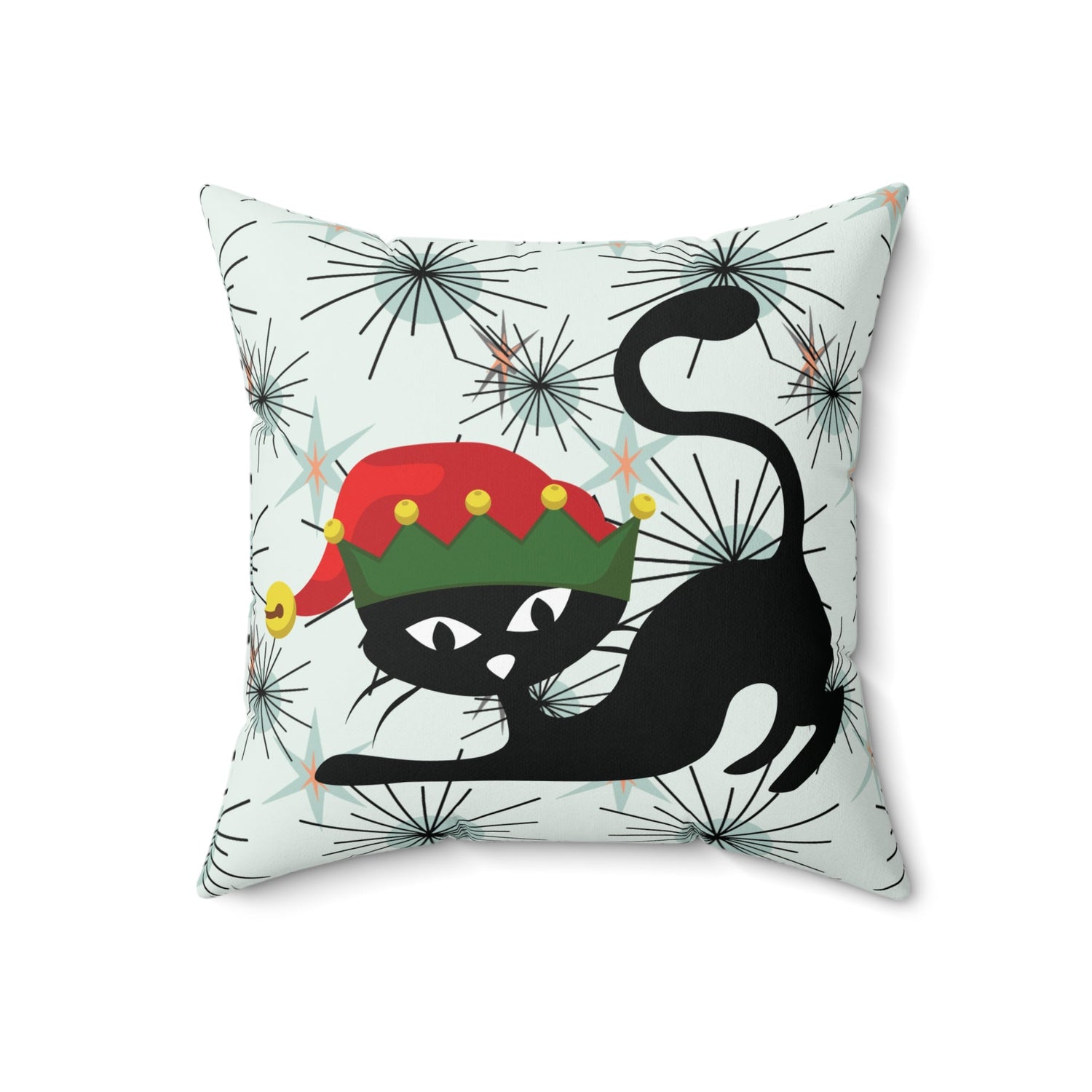 Kate McEnroe New York Atomic Cat Mid Century Modern Christmas Pillow, Retro Starburst Holiday Decor, 50s Kitsch Black Cat Elf Throw CushionThrow Pillows29474526613905811996