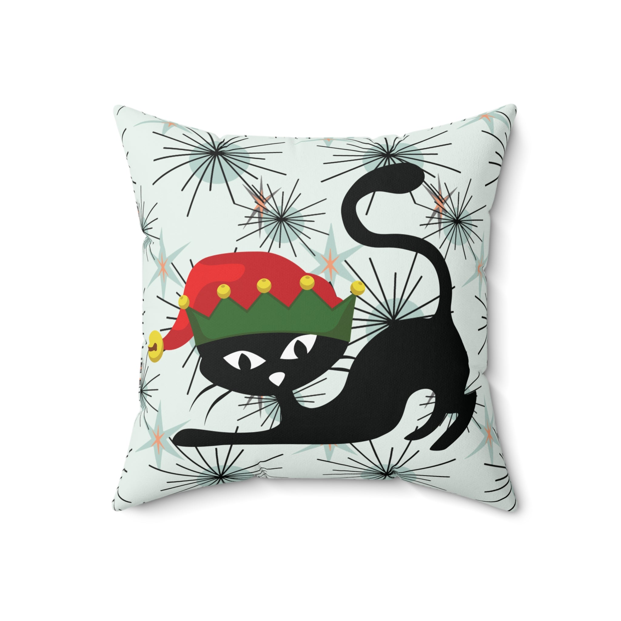 Kate McEnroe New York Atomic Cat Mid Century Modern Christmas Pillow, Retro Starburst Holiday Decor, 50s Kitsch Black Cat Elf Throw CushionThrow Pillows82329285742297994818