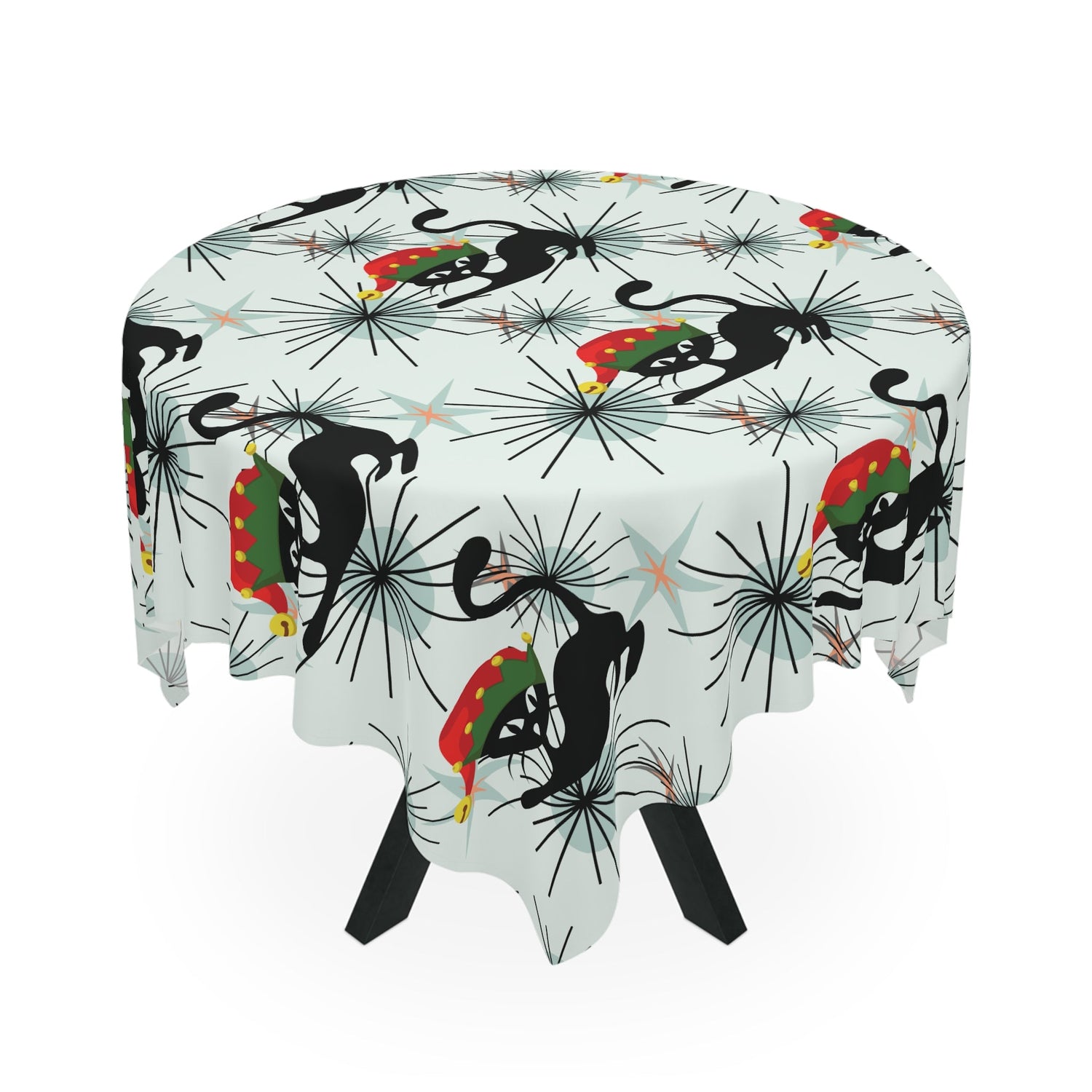 Kate McEnroe New York Atomic Cat Mid Century Modern Christmas Tablecloth, Retro Starburst Table Cover, MCM Holiday DecorTablecloths53596338391027278273