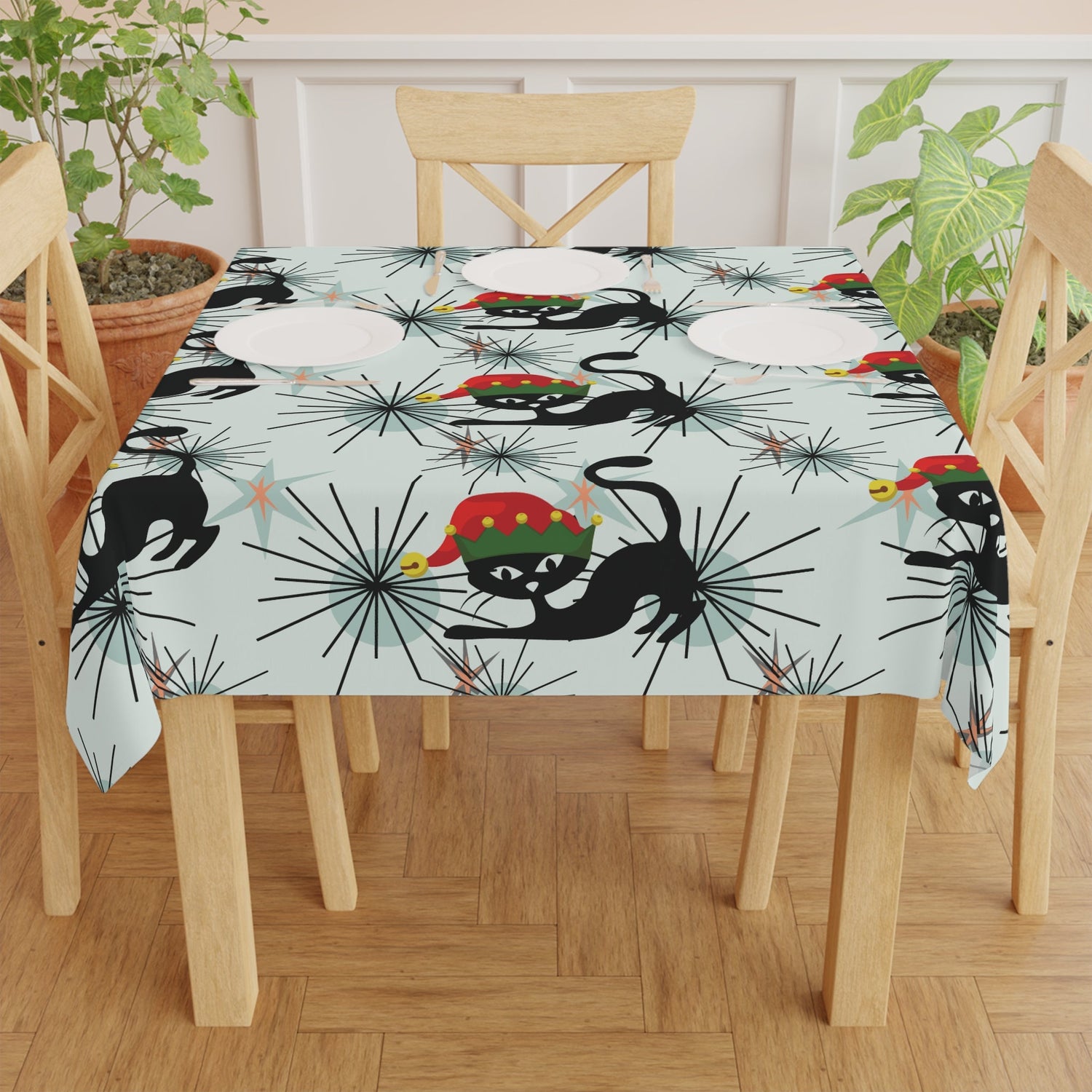 Kate McEnroe New York Atomic Cat Mid Century Modern Christmas Tablecloth, Retro Starburst Table Cover, MCM Holiday DecorTablecloths53596338391027278273