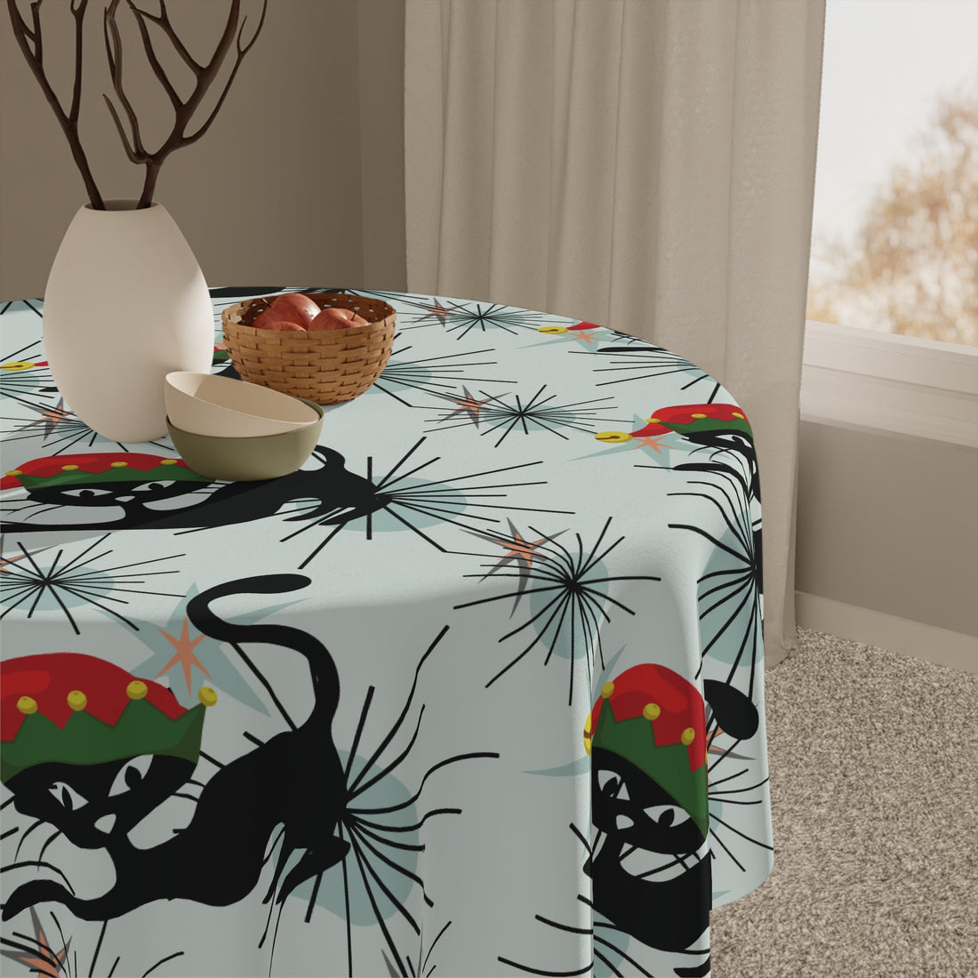 Kate McEnroe New York Atomic Cat Mid Century Modern Christmas Tablecloth, Retro Starburst Table Cover, MCM Holiday DecorTablecloths53596338391027278273