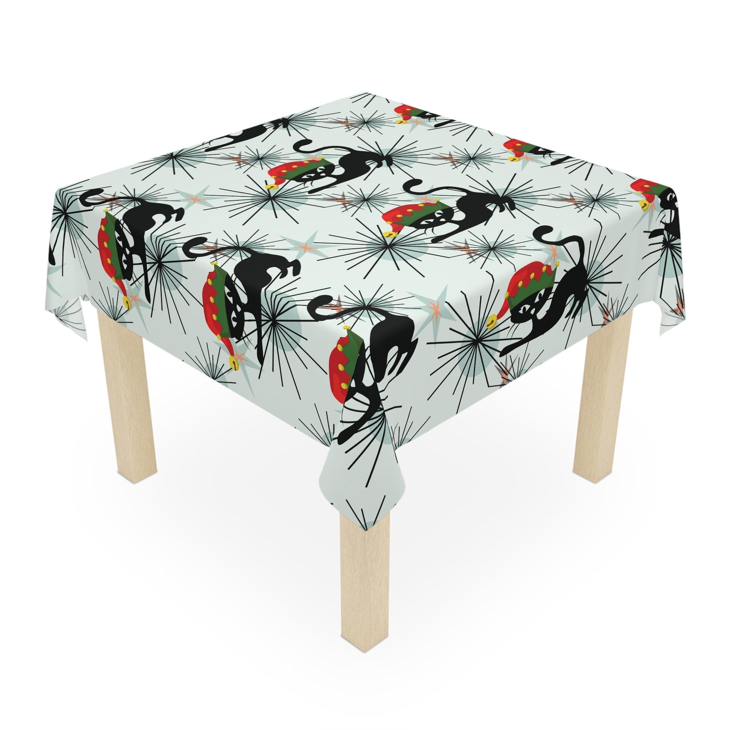 Kate McEnroe New York Atomic Cat Mid Century Modern Christmas Tablecloth, Retro Starburst Table Cover, MCM Holiday DecorTablecloths53596338391027278273