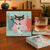 Kate McEnroe New York Atomic Cat Mid Century Modern Coaster Set, Retro Coffee Bar DecorCoasters7021