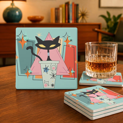 Kate McEnroe New York Atomic Cat Mid Century Modern Coaster Set, Retro Coffee Bar DecorCoasters7021