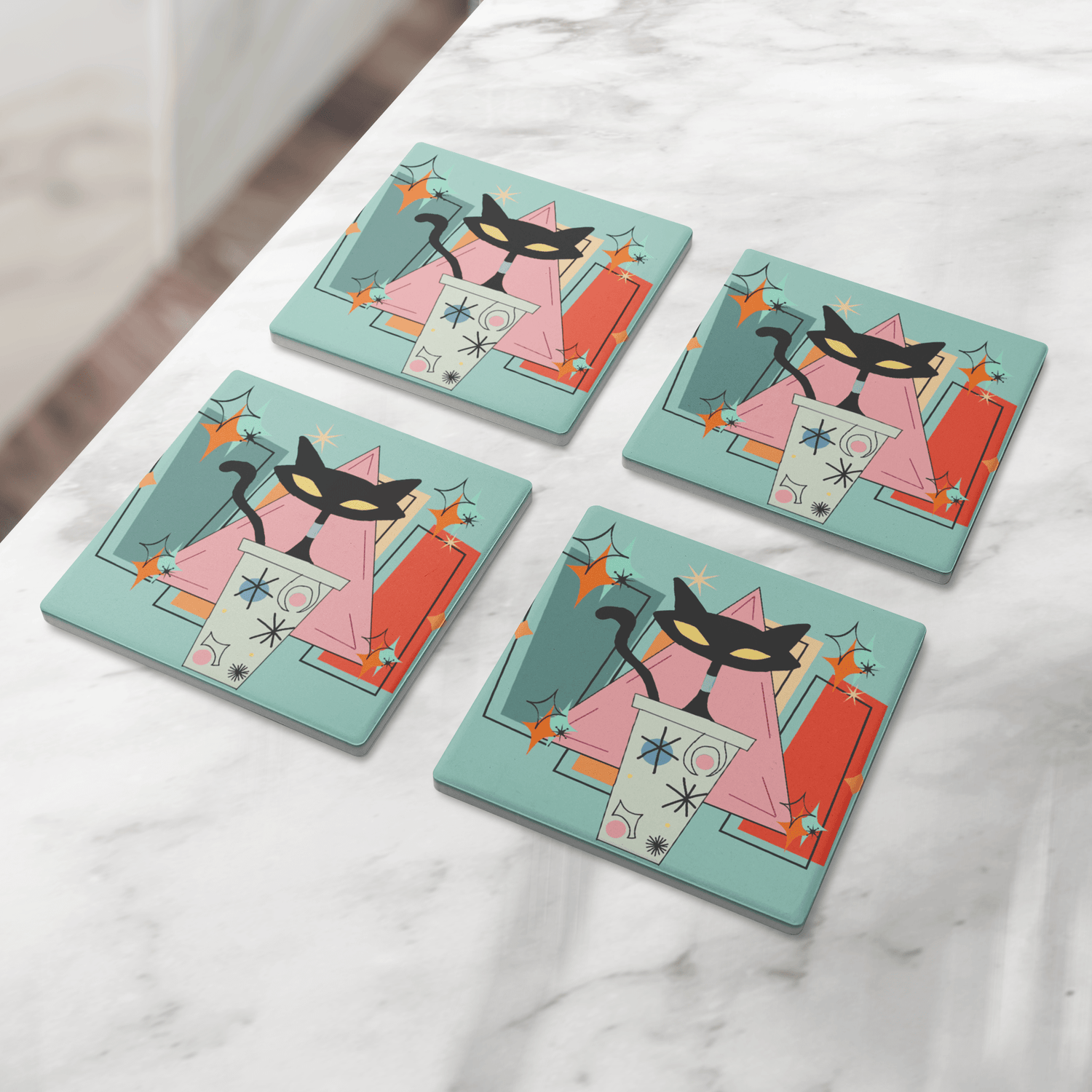 Kate McEnroe New York Atomic Cat Mid Century Modern Coaster Set, Retro Coffee Bar DecorCoasters7021