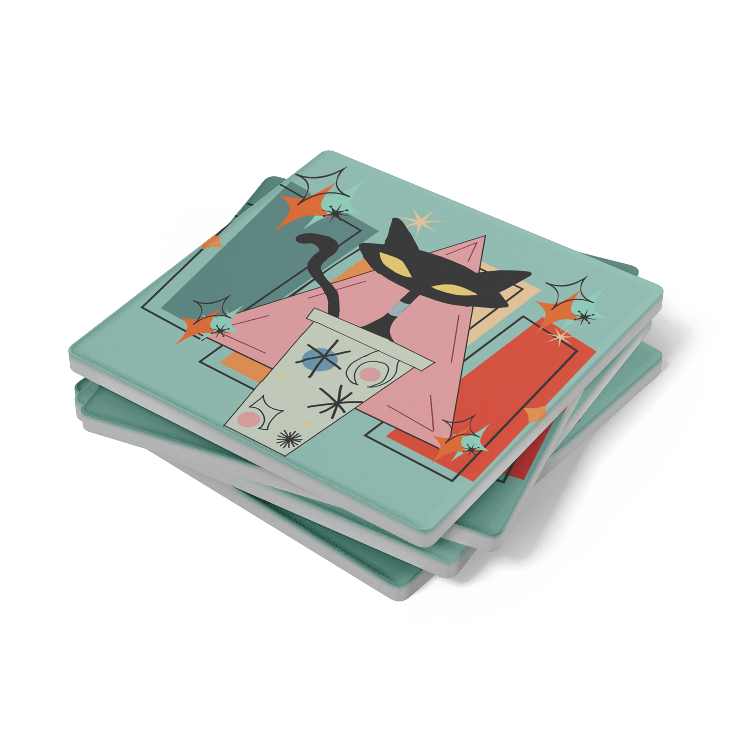 Kate McEnroe New York Atomic Cat Mid Century Modern Coaster Set, Retro Coffee Bar DecorCoasters7021
