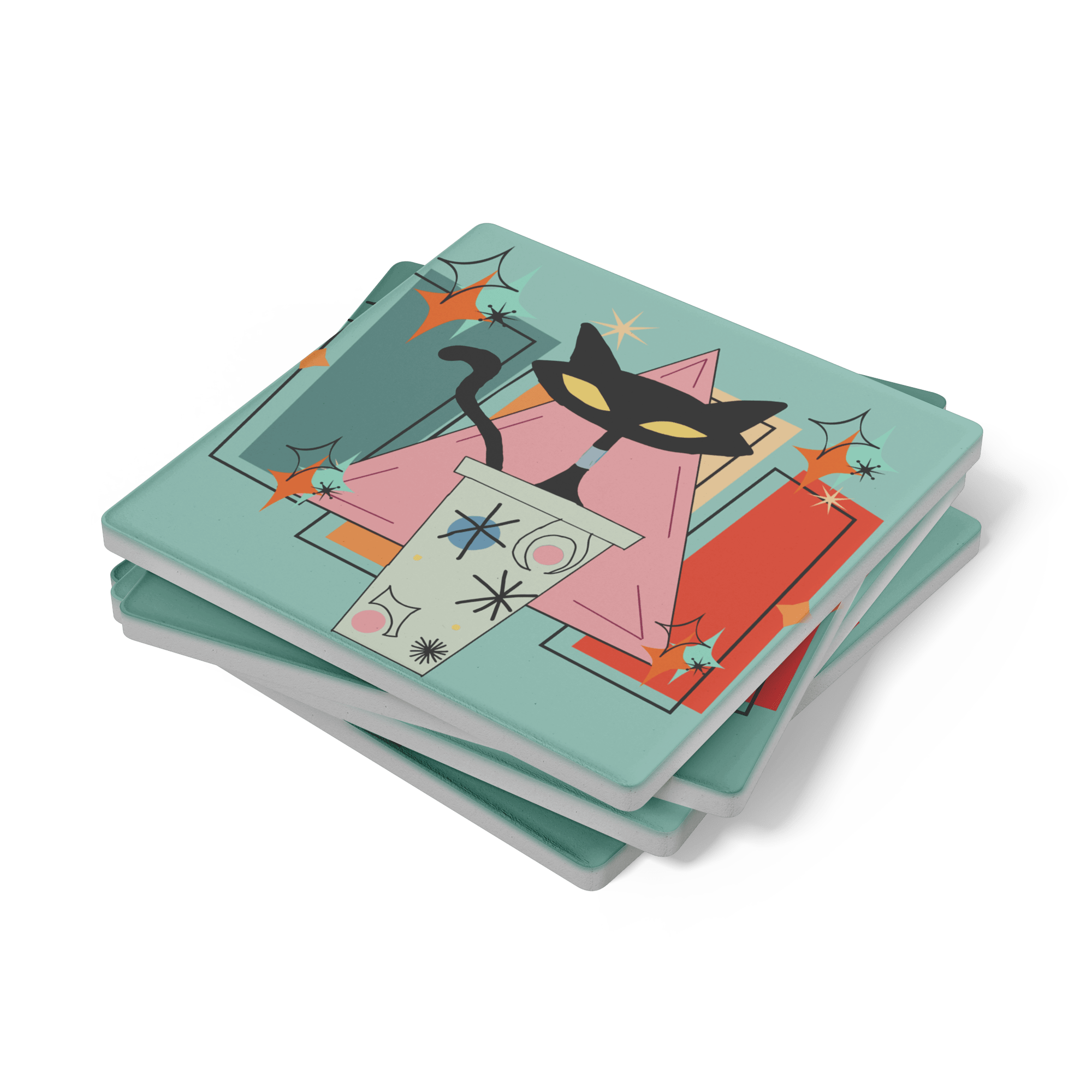 Kate McEnroe New York Atomic Cat Mid Century Modern Coaster Set, Retro Coffee Bar DecorCoasters7021