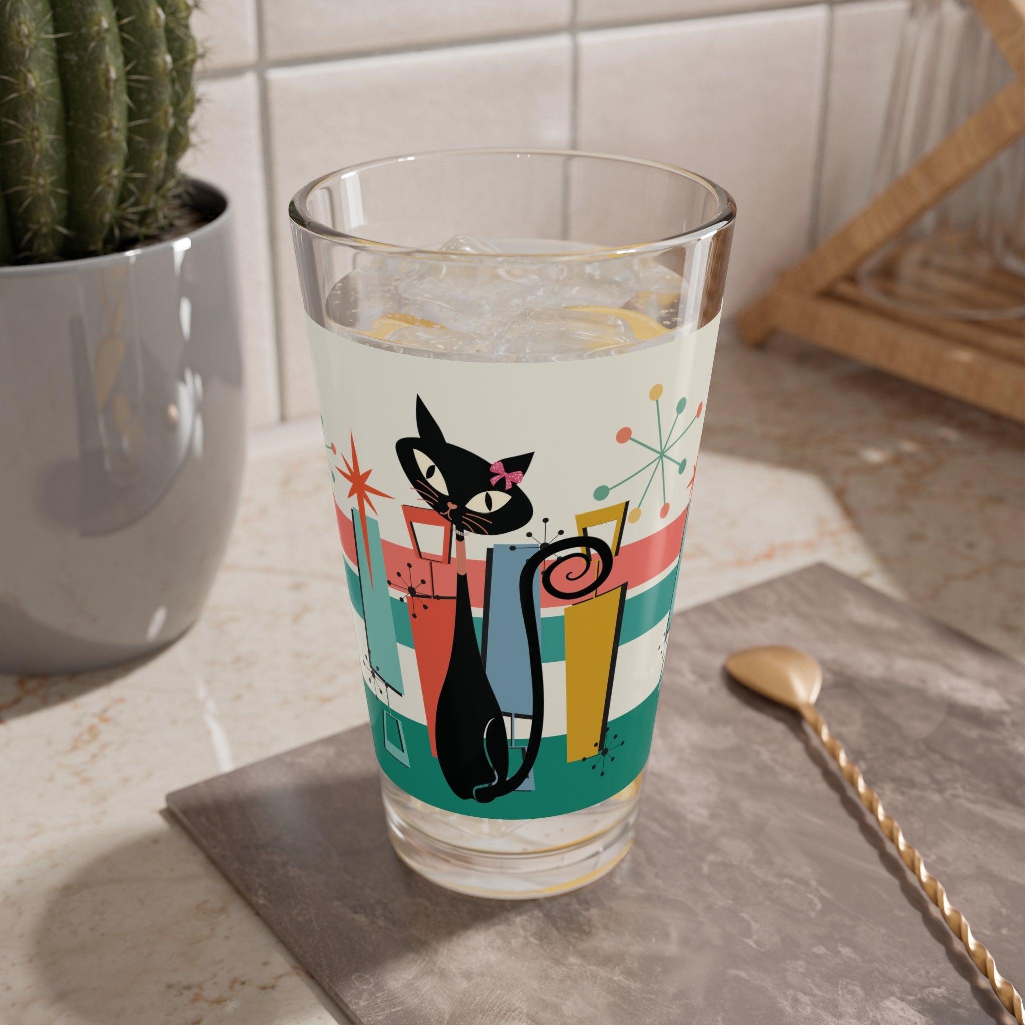 Kate McEnroe New York Atomic Cat Mid Century Modern Cocktail Pint Glass, Retro Starburst Barware, 50s MCM Kitsch Party DrinkwarePint Glasses28609980842716625994