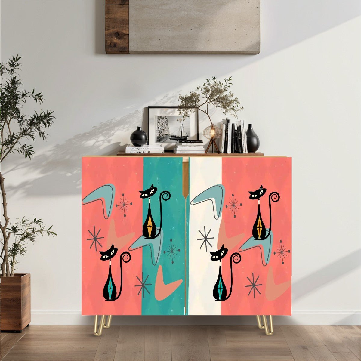 Kate McEnroe New York Atomic Cat Mid Century Modern Credenza, Retro 50s Boomerang Starburst Storage CabinetStorage CabinetsSXPlRF54PP