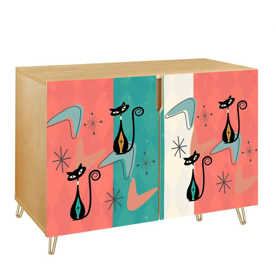 Kate McEnroe New York Atomic Cat Mid Century Modern Credenza, Retro 50s Boomerang Starburst Storage CabinetStorage CabinetsSXPlRF54PP