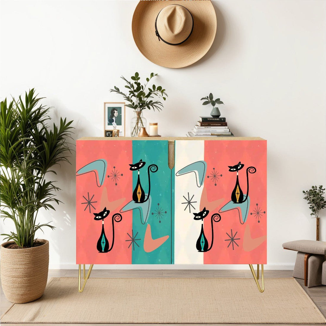 Kate McEnroe New York Atomic Cat Mid Century Modern Credenza, Retro 50s Boomerang Starburst Storage CabinetStorage CabinetsSXPlRF54PP