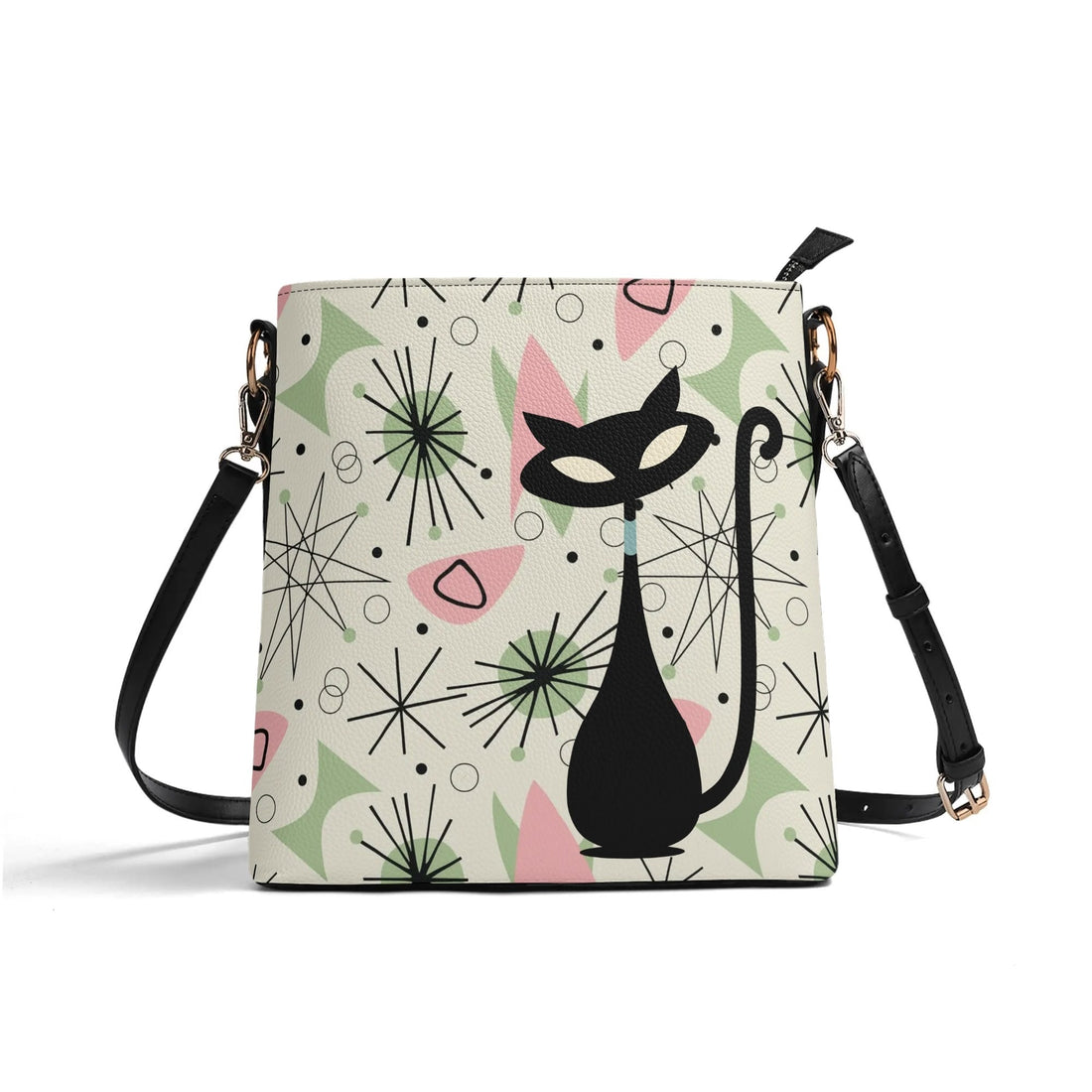 Kate McEnroe New York Atomic Cat Mid Century Modern Crossbody Bucket Bag, Retro MCM Kitschy Shoulder PurseHandbagsNMQ892EW - 1