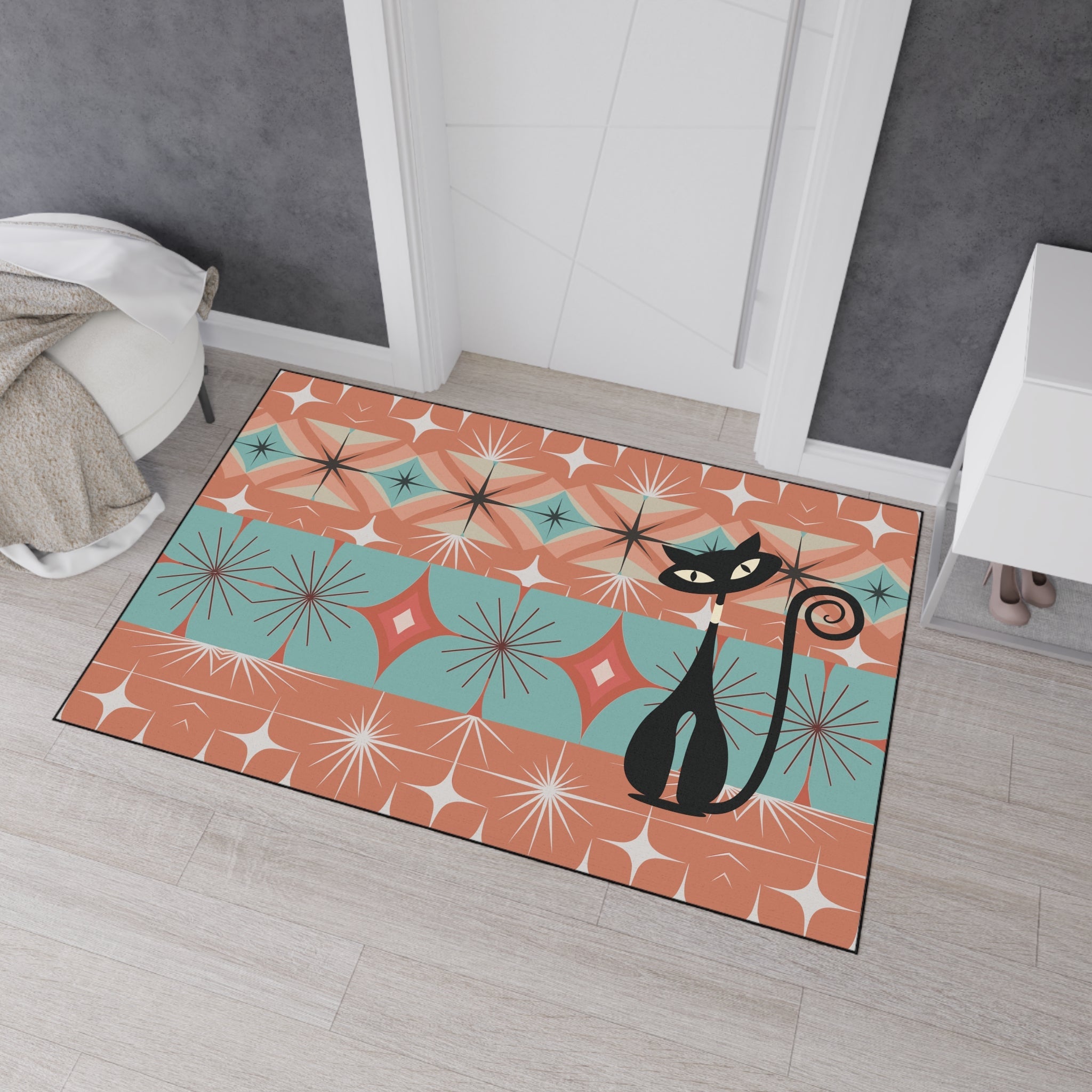 Kate McEnroe New York Atomic Cat Mid Century Modern Floor Mat, Retro Starburst RugDoor Mats13983106426415471379