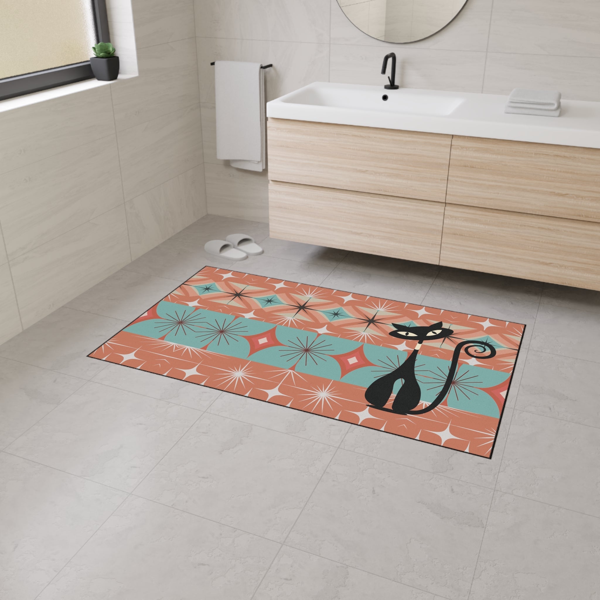 Kate McEnroe New York Atomic Cat Mid Century Modern Floor Mat, Retro Starburst RugDoor Mats13983106426415471379