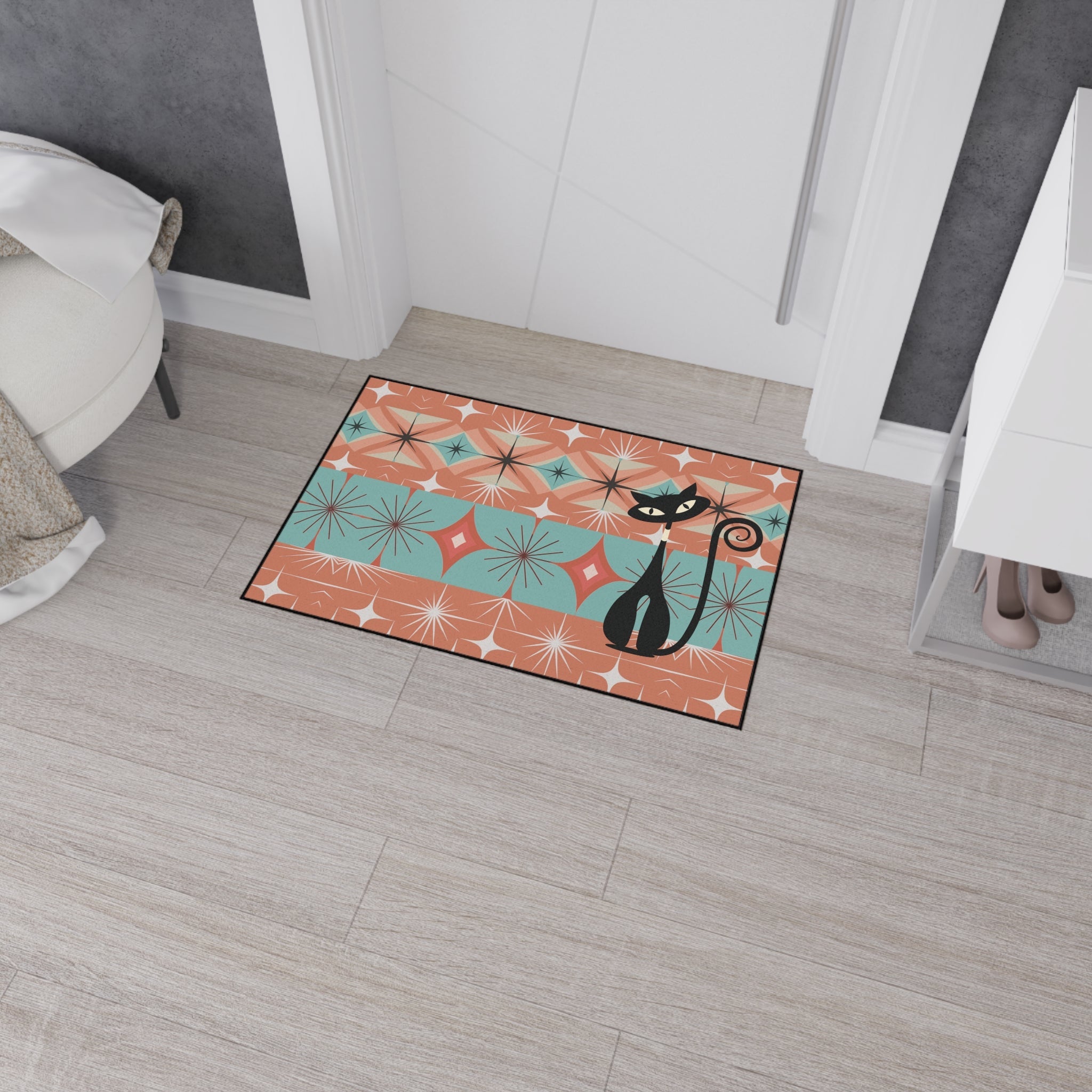 Kate McEnroe New York Atomic Cat Mid Century Modern Floor Mat, Retro Starburst RugDoor Mats18152788359321381718