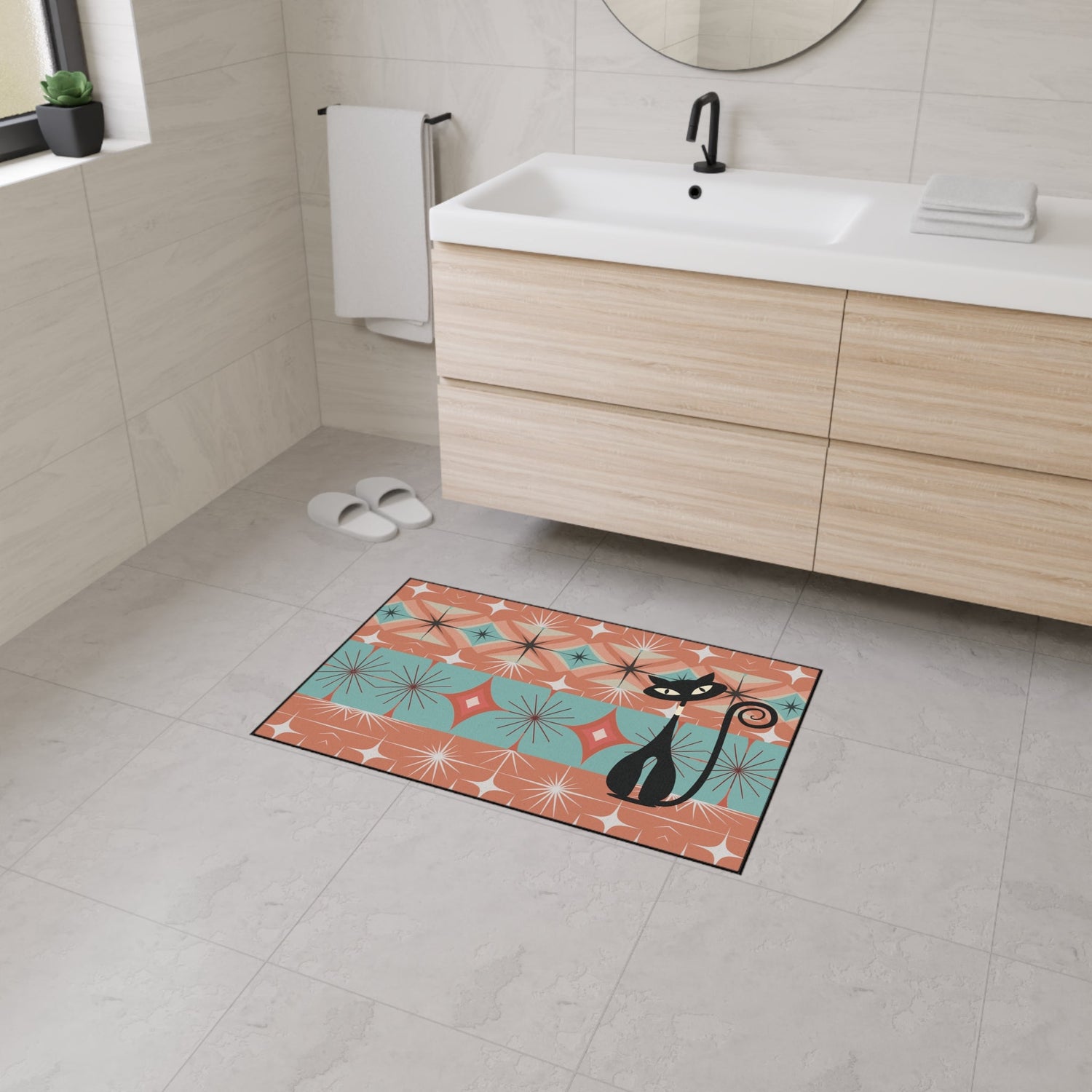 Kate McEnroe New York Atomic Cat Mid Century Modern Floor Mat, Retro Starburst RugDoor Mats18152788359321381718