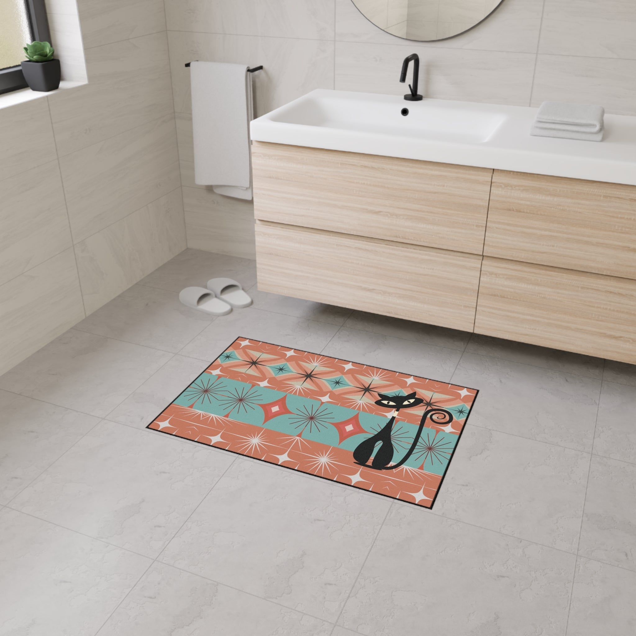 Kate McEnroe New York Atomic Cat Mid Century Modern Floor Mat, Retro Starburst RugDoor Mats18152788359321381718