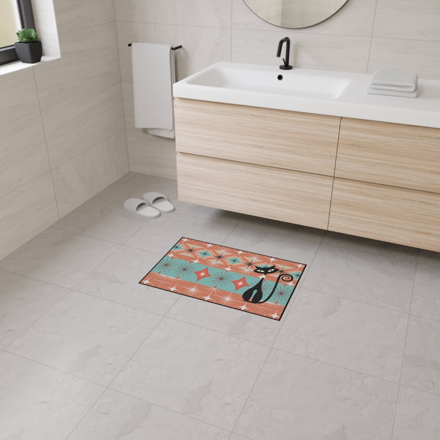 Kate McEnroe New York Atomic Cat Mid Century Modern Floor Mat, Retro Starburst RugDoor Mats18152788359321381718