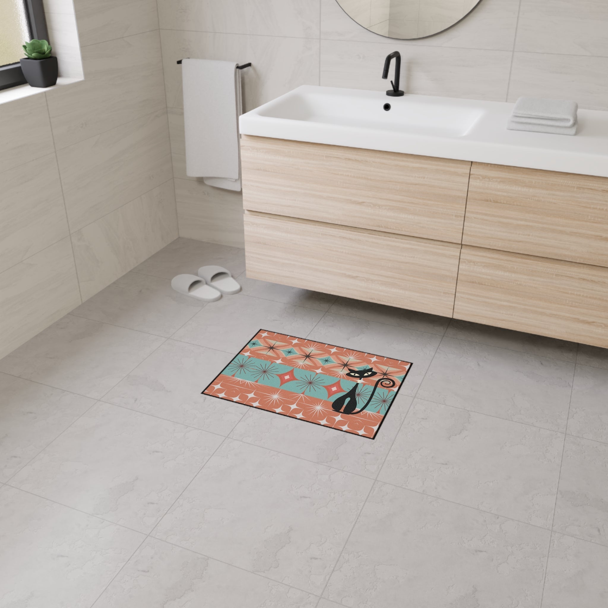 Kate McEnroe New York Atomic Cat Mid Century Modern Floor Mat, Retro Starburst RugDoor Mats18152788359321381718