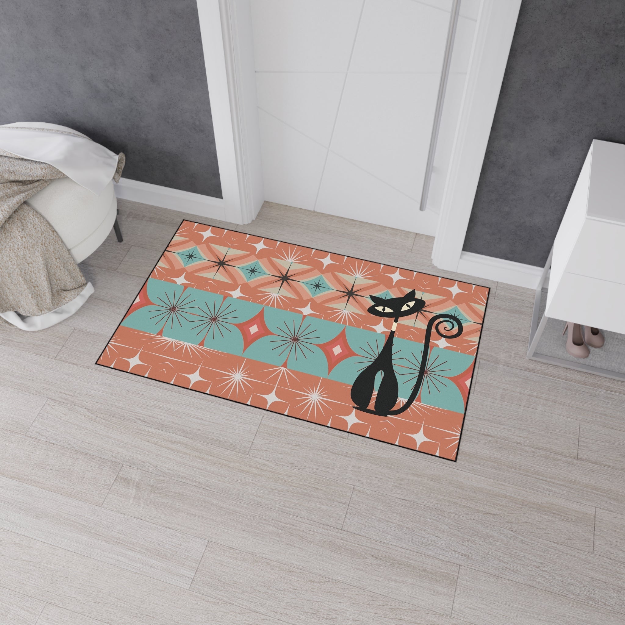 Kate McEnroe New York Atomic Cat Mid Century Modern Floor Mat, Retro Starburst RugDoor Mats18152788359321381718