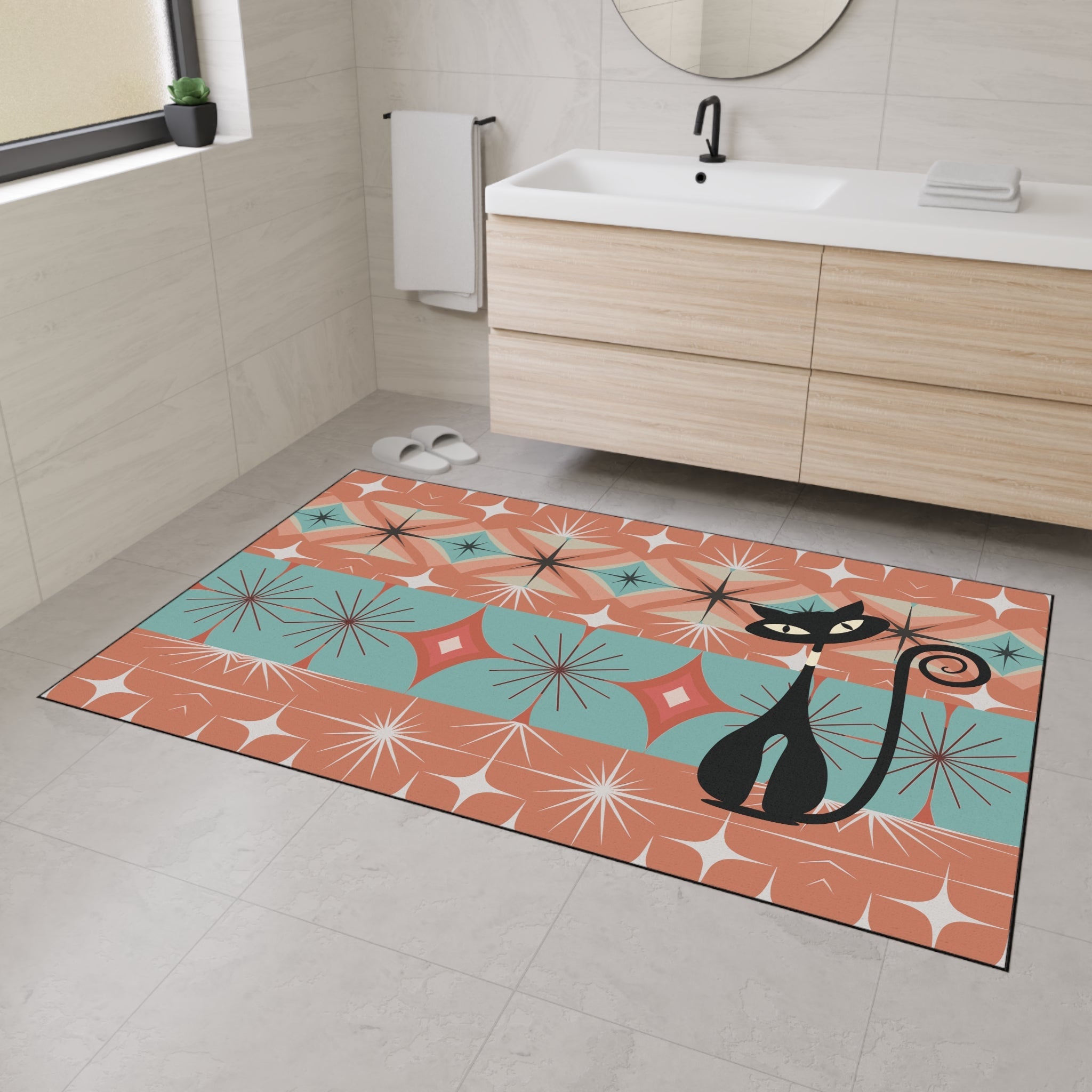 Kate McEnroe New York Atomic Cat Mid Century Modern Floor Mat, Retro Starburst RugDoor Mats18152788359321381718