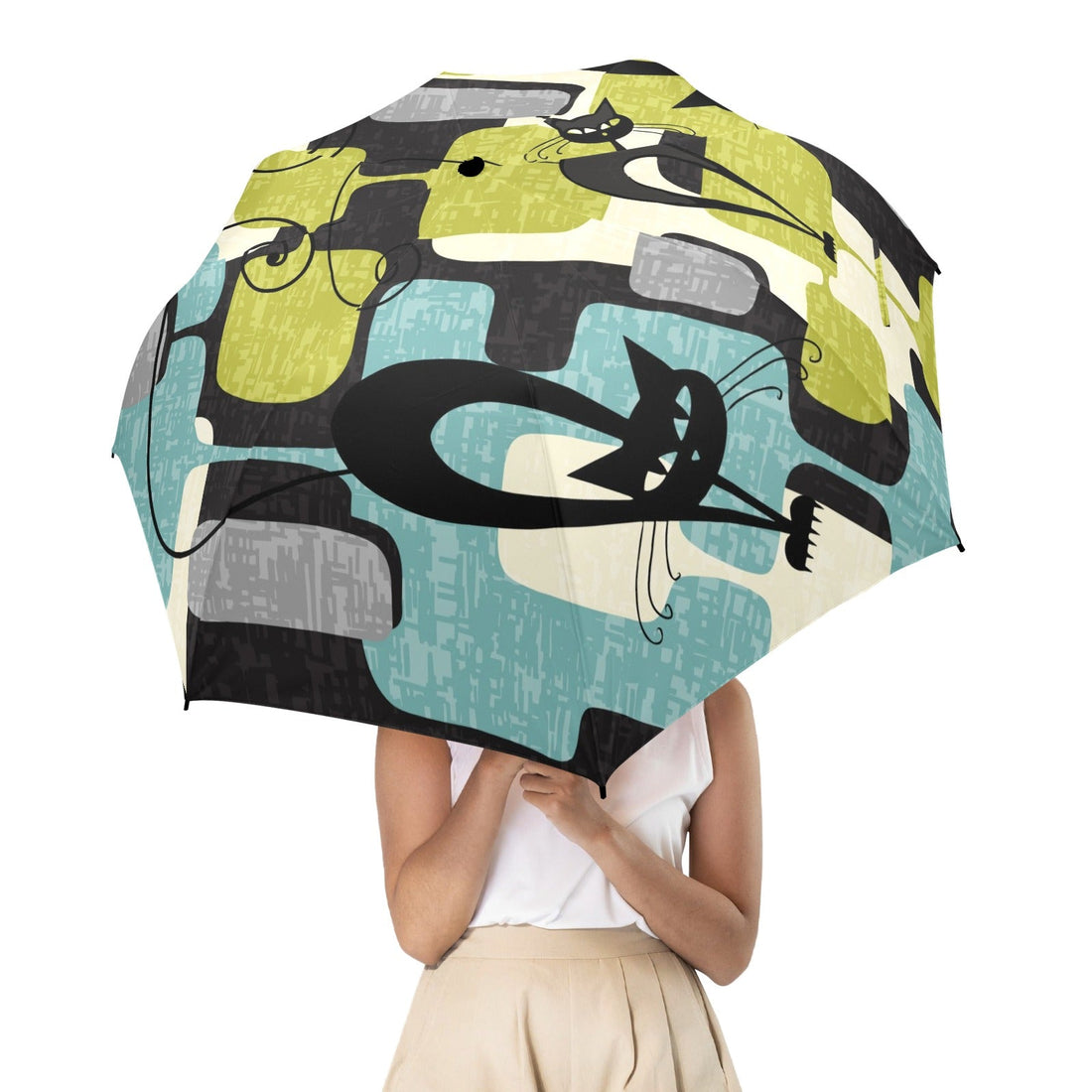 Kate McEnroe New York Atomic Cat Mid Century Modern Foldable Umbrella, Retro Geometric 50s Kitsch Travel Rain GearUmbrellas27669443613201683062